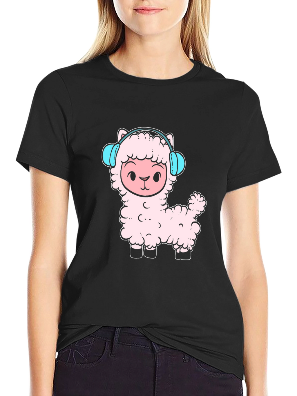 Llama Headphones Black T-Shirt