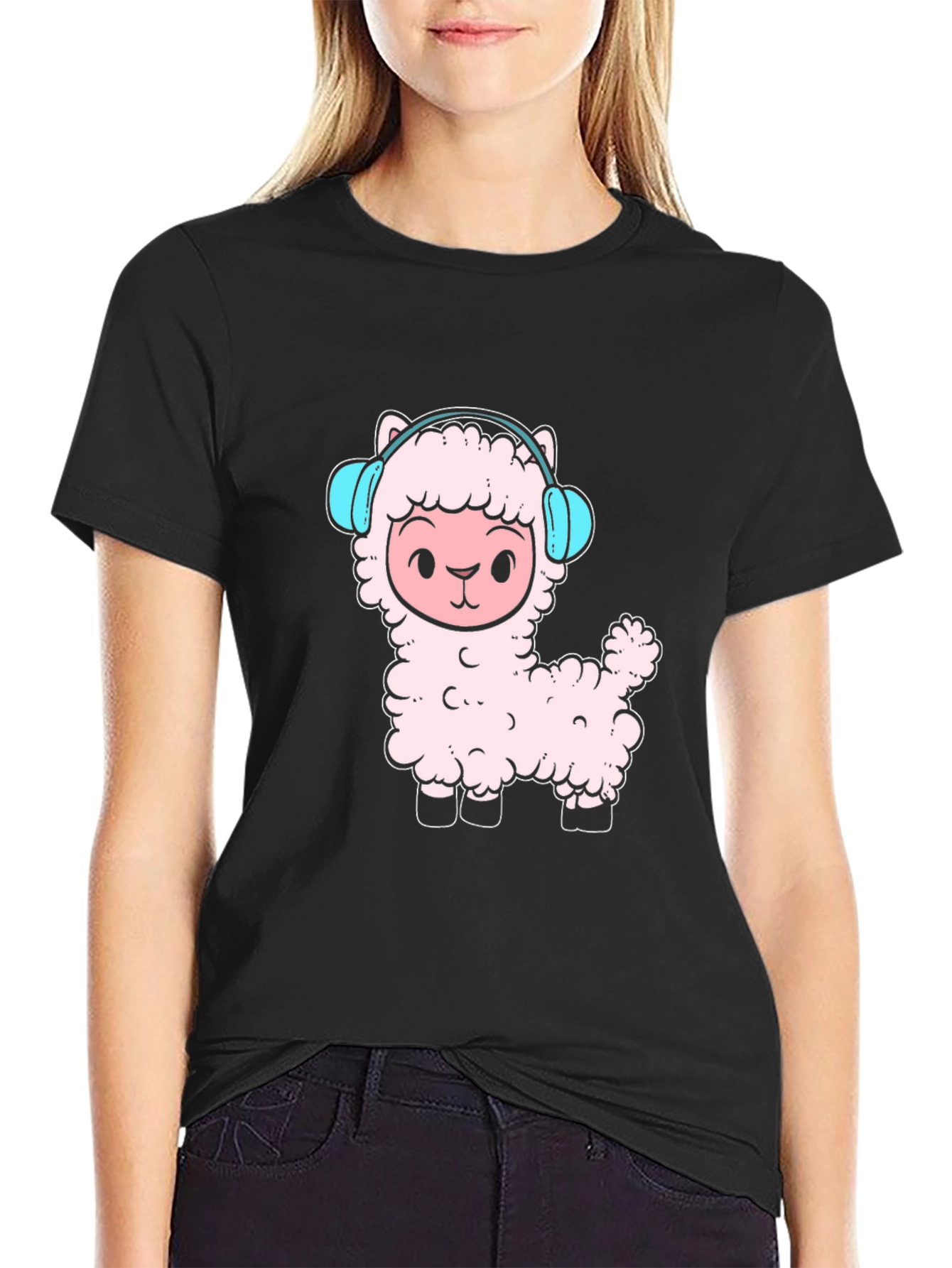 Llama Headphones Black T-Shirt