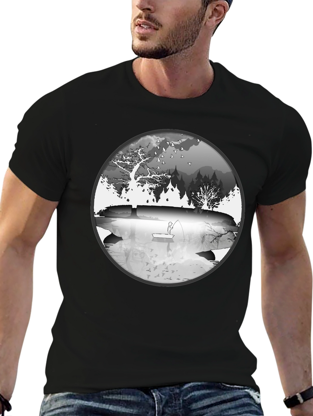 Nature Fisherman Graphic Tee - Classic Black