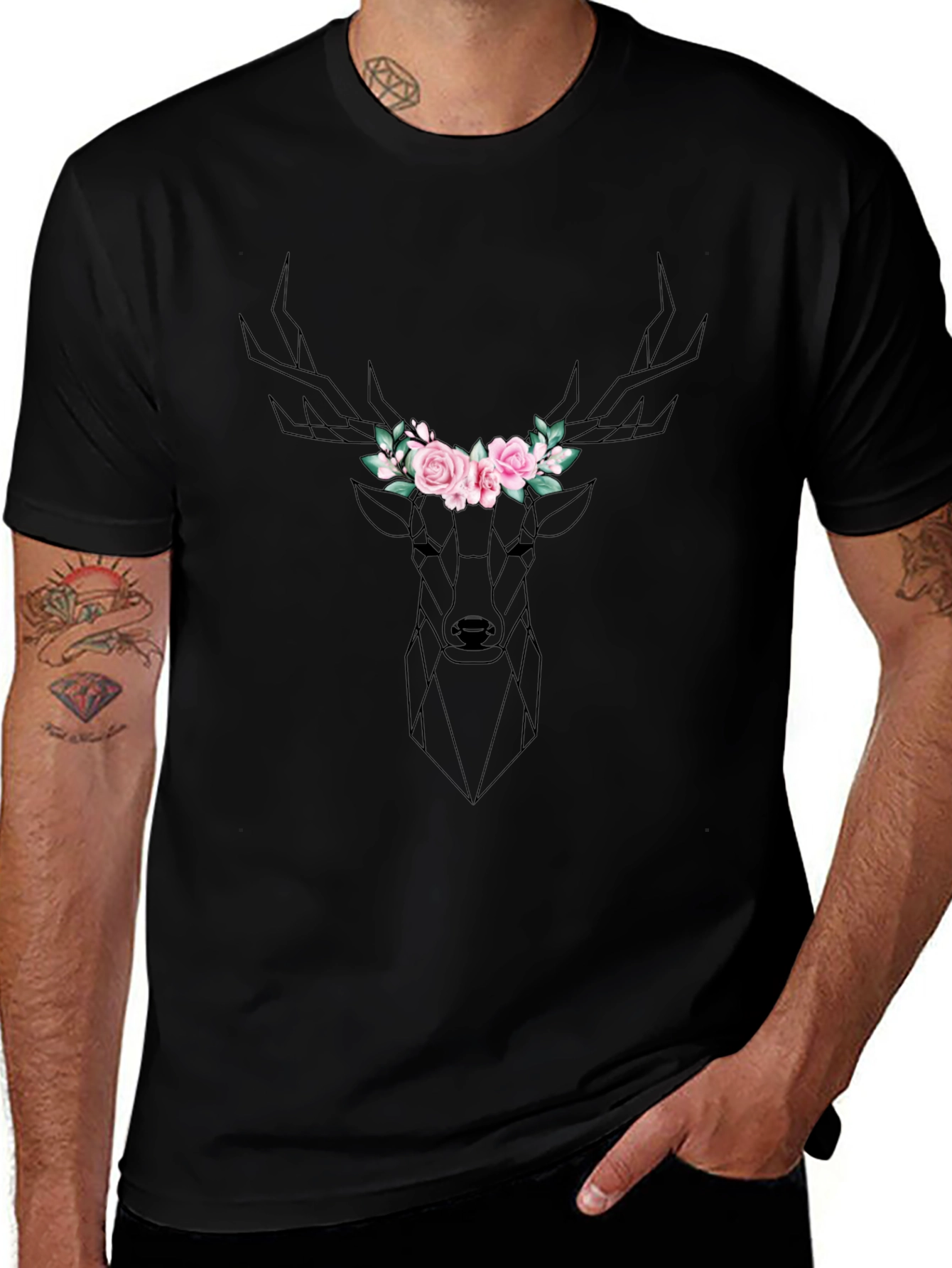 Geometric Deer Floral Crown Black T-Shirt