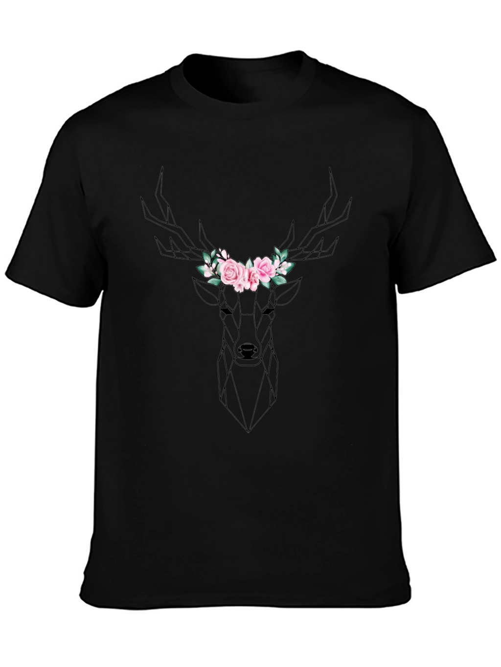 Geometric Deer Floral Crown Black T-Shirt