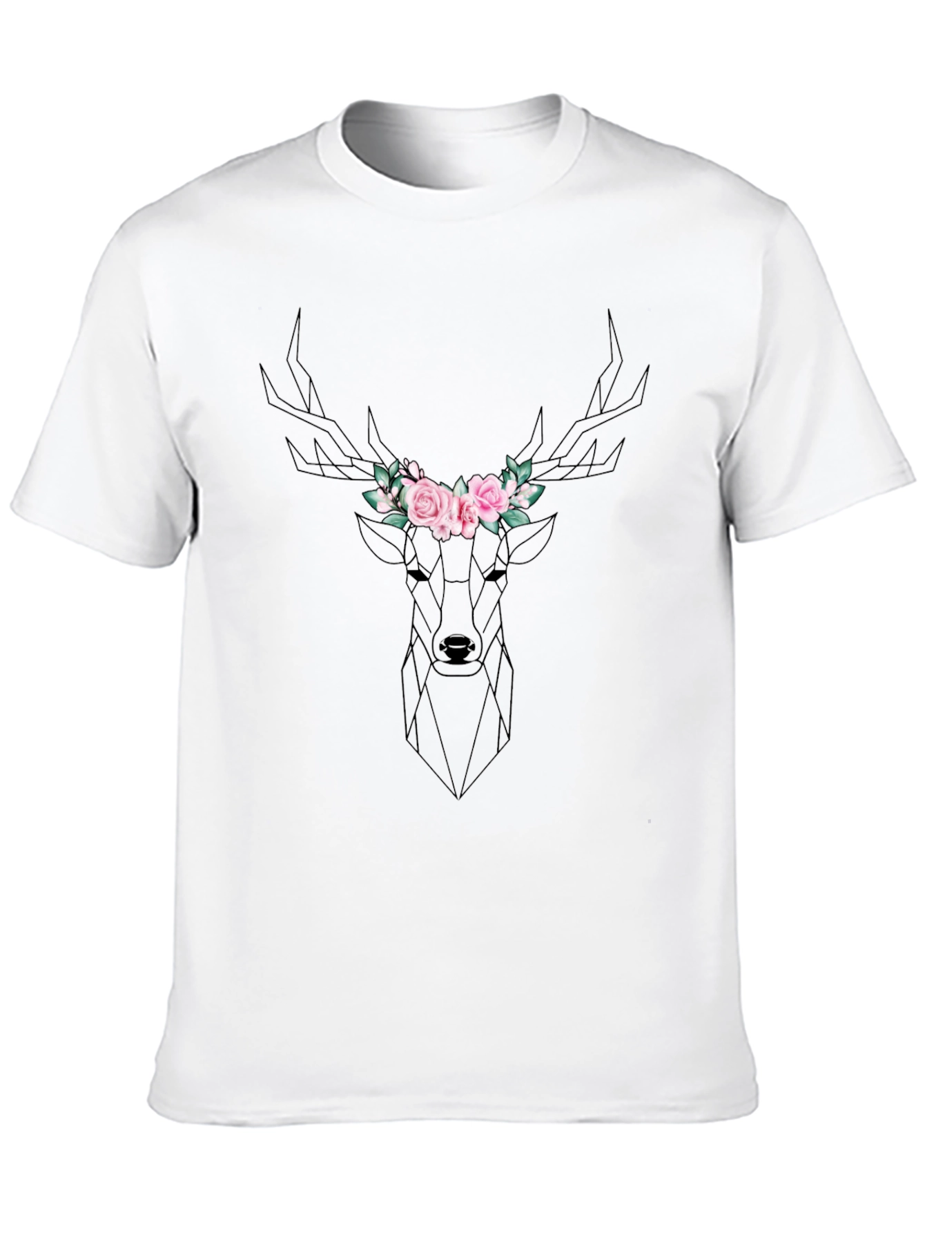 Geometric Deer Floral Crown Black T-Shirt
