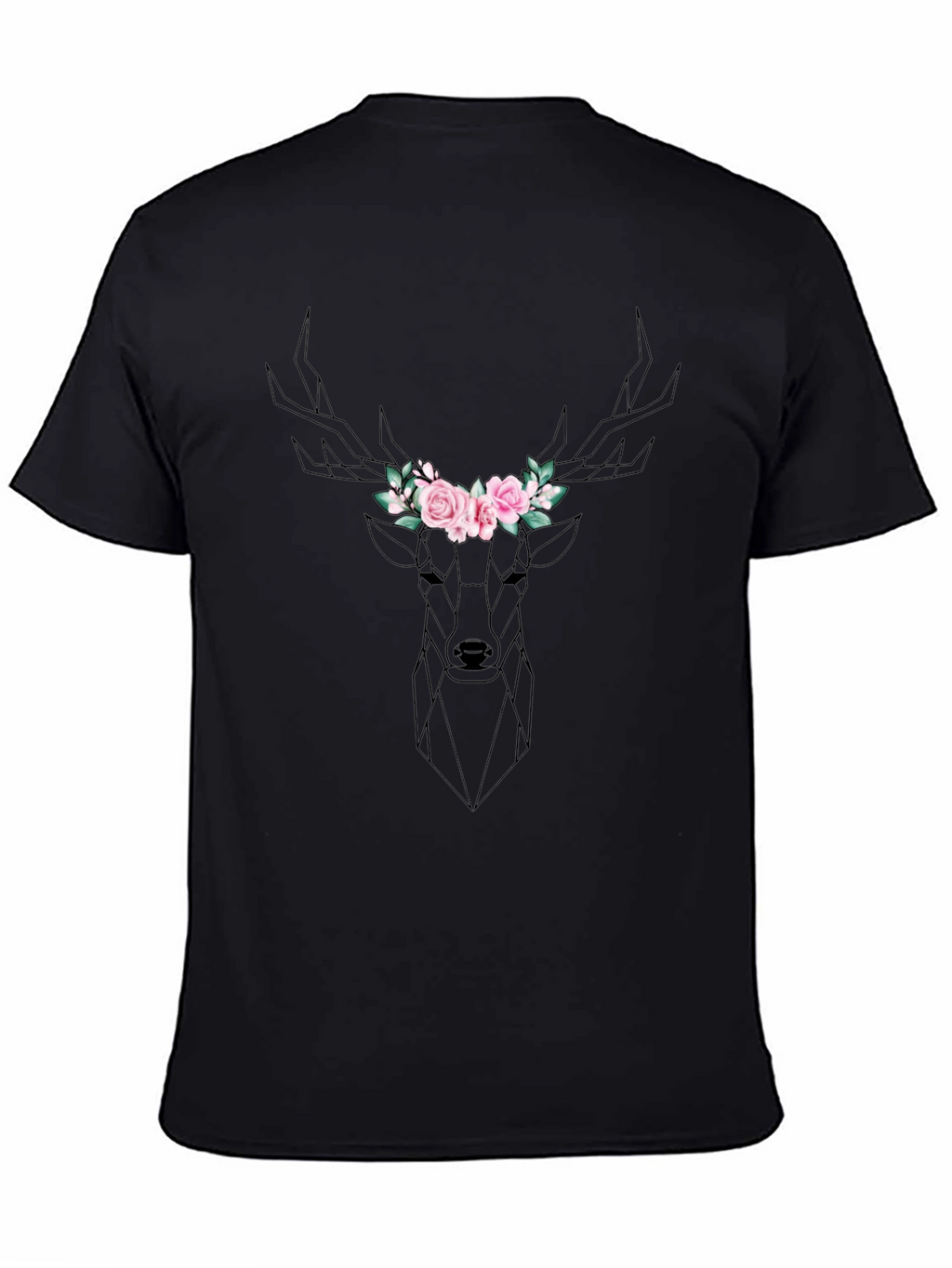 Geometric Deer Floral Crown Black T-Shirt