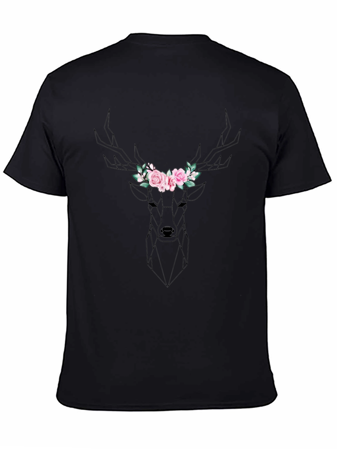 Geometric Deer Floral Crown Black T-Shirt
