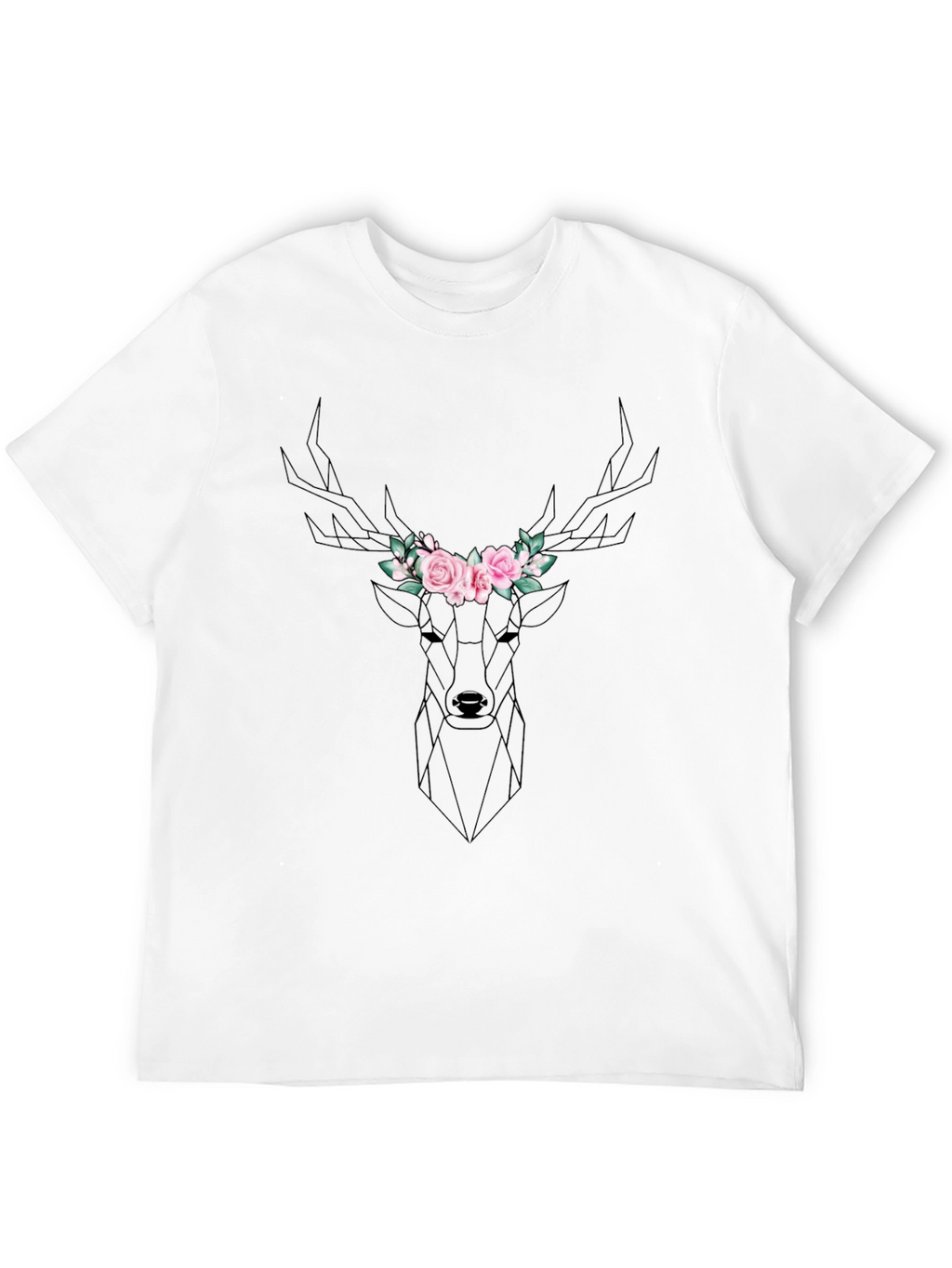 Geometric Deer Floral Crown Black T-Shirt