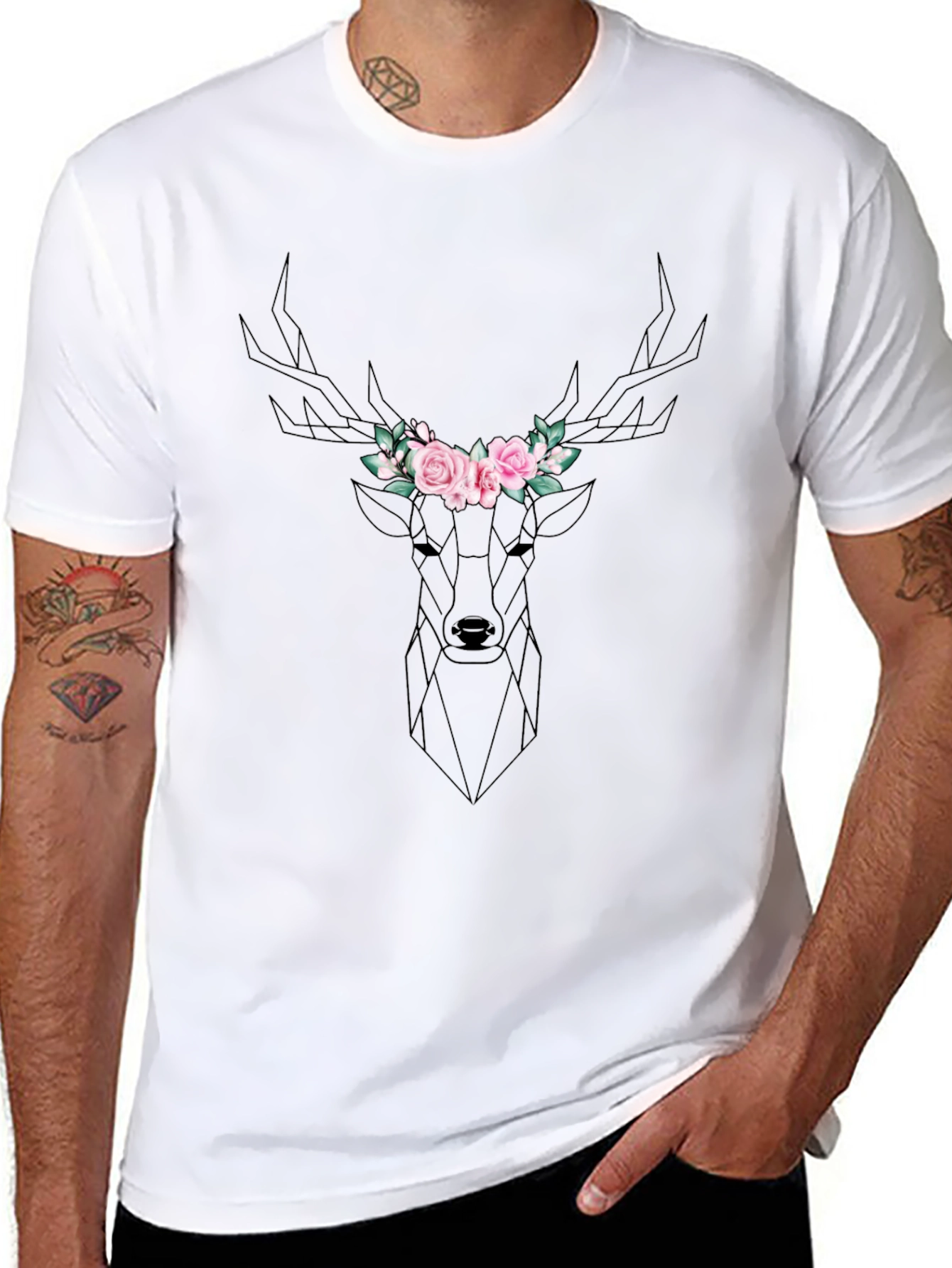 Geometric Deer Floral Crown Black T-Shirt