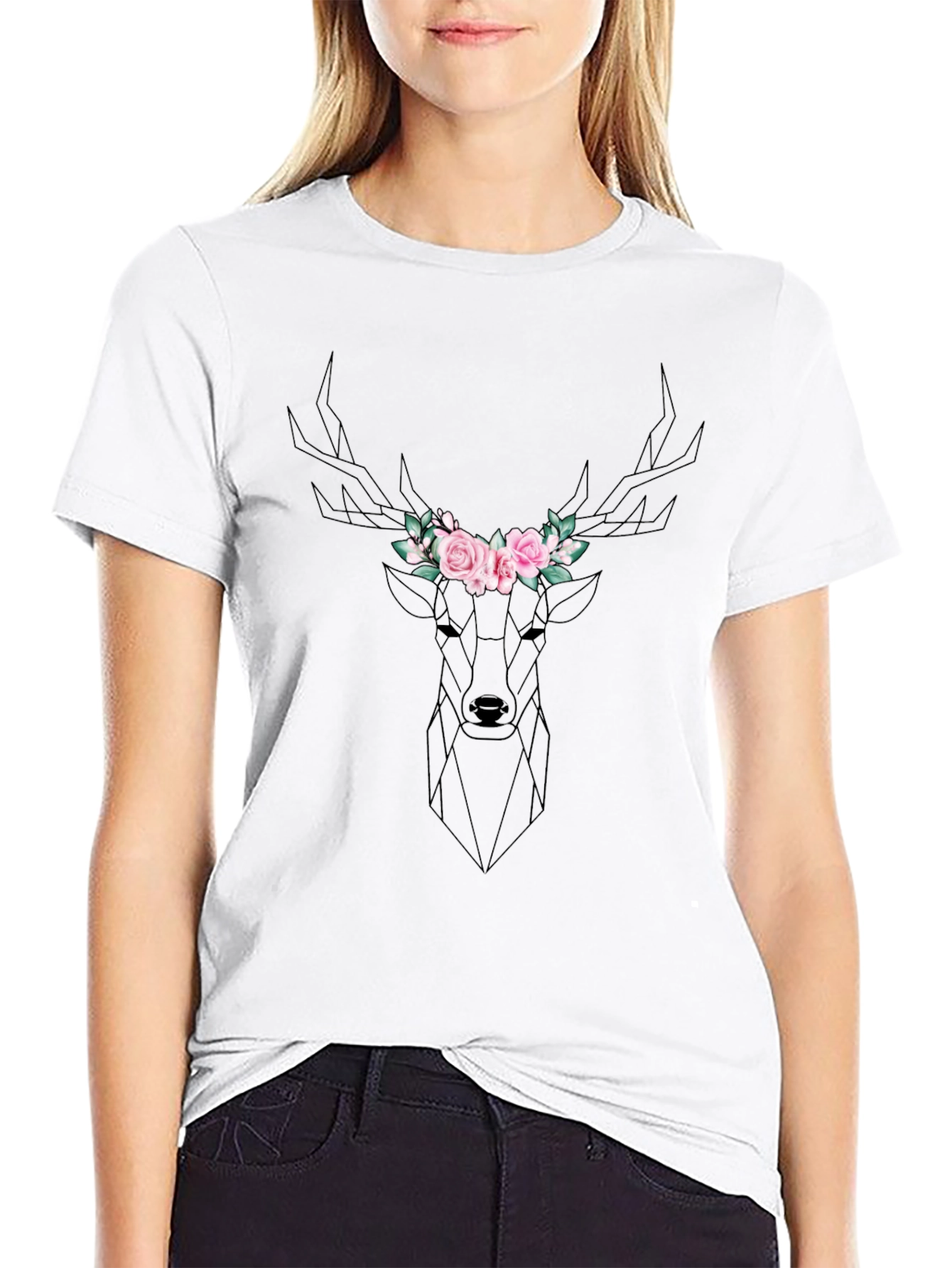 Geometric Deer Floral Crown Black T-Shirt