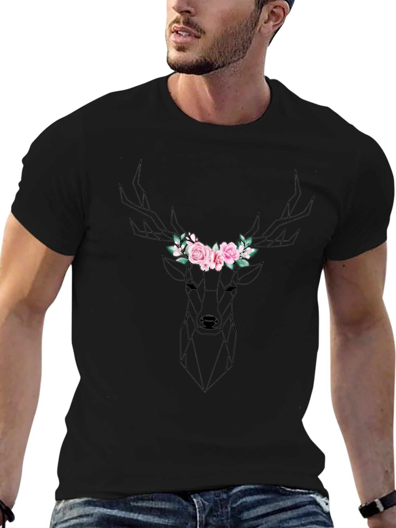 Geometric Deer Floral Crown Black T-Shirt