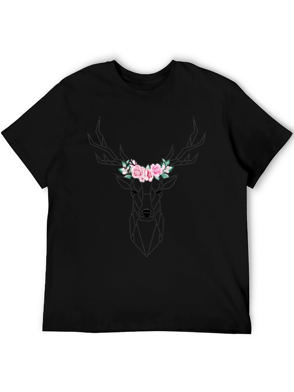 Geometric Deer Floral Crown Black T-Shirt
