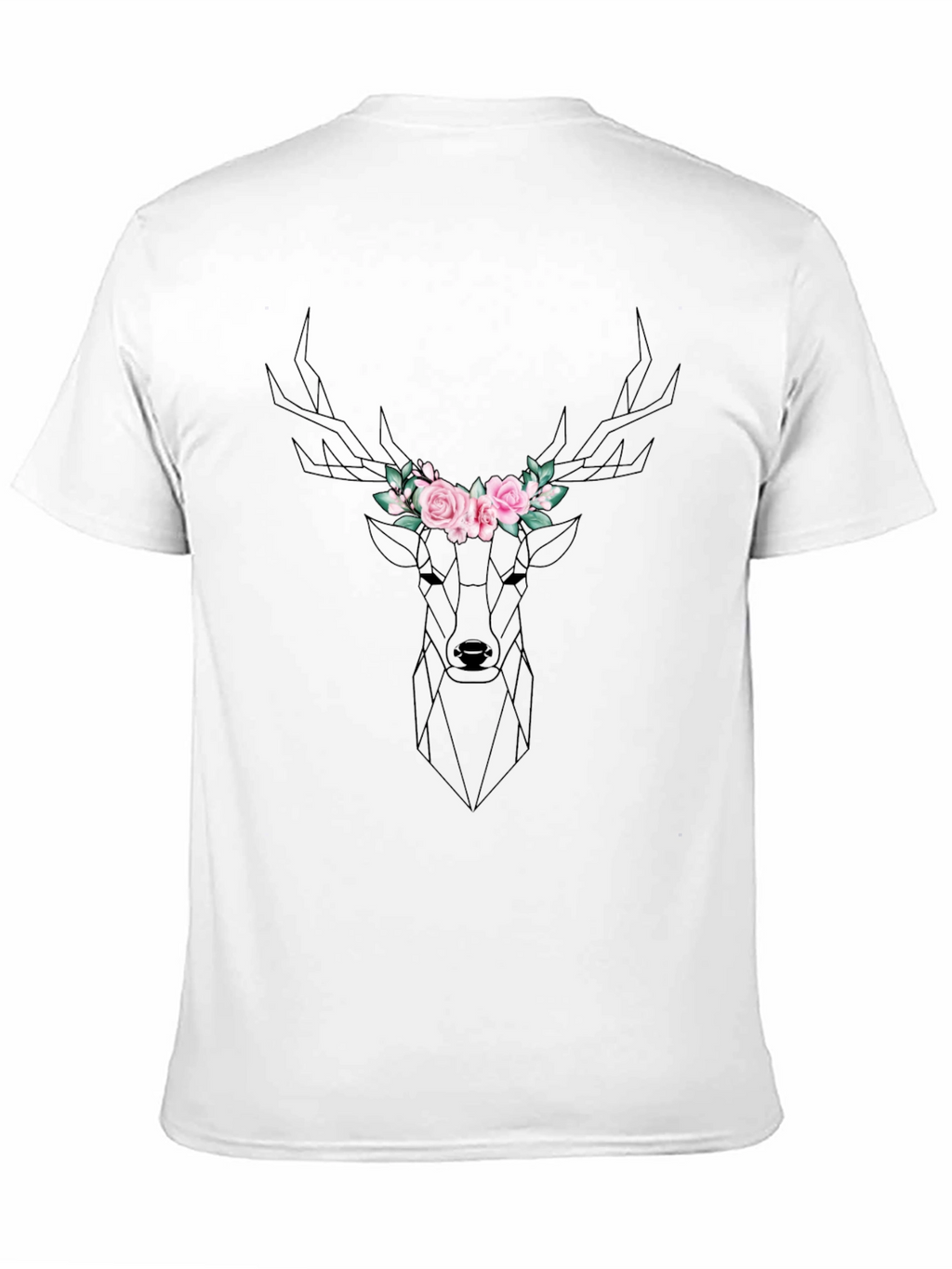 Geometric Deer Floral Crown Black T-Shirt