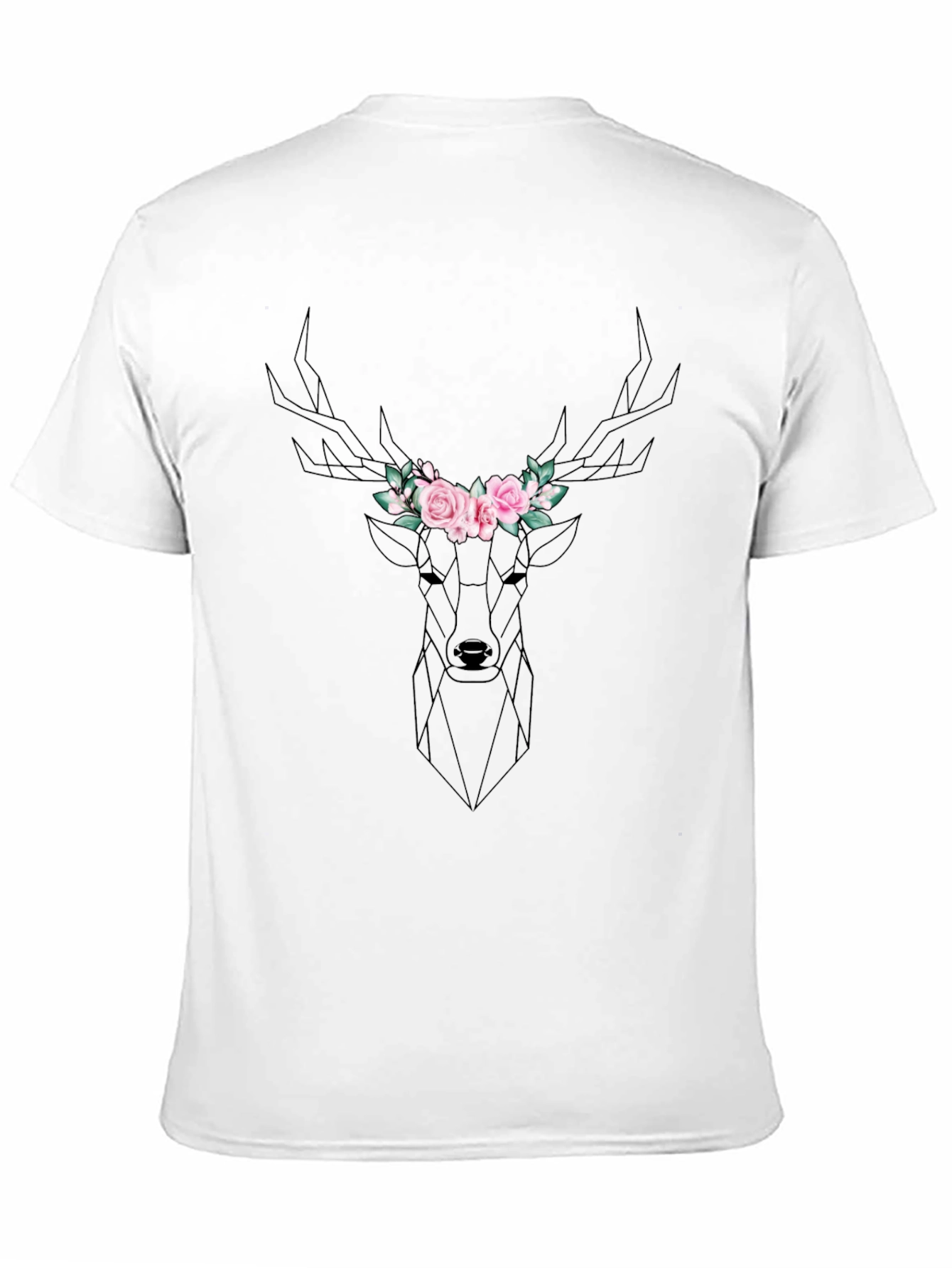 Geometric Deer Floral Crown Black T-Shirt