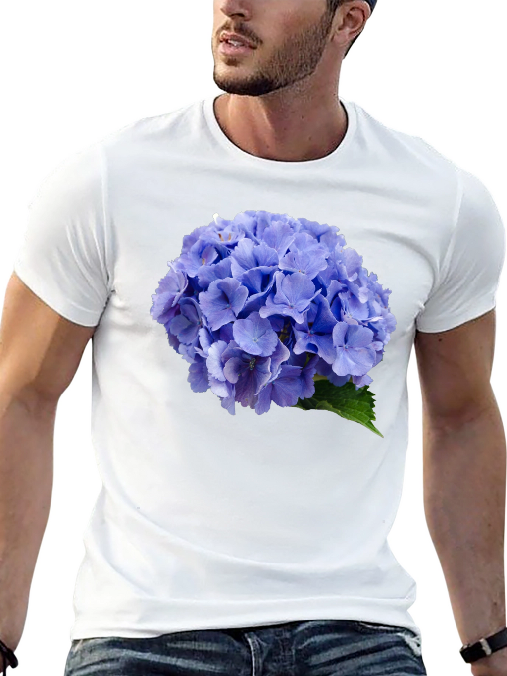 Blue Hydrangea Flower Print Black T-Shirt
