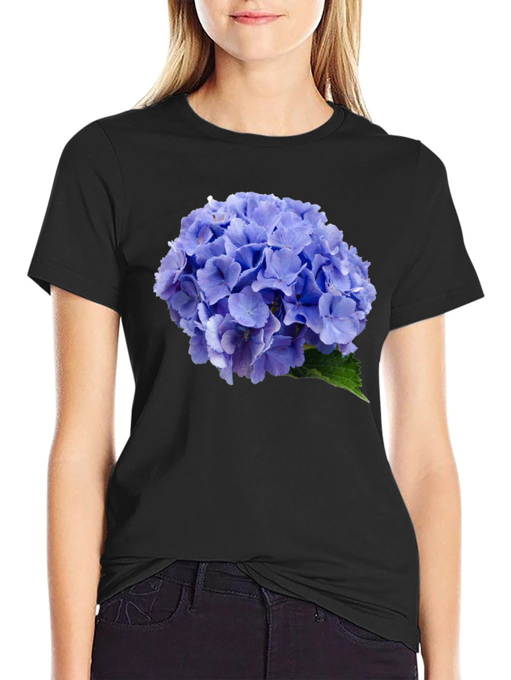 Blue Hydrangea Flower Print Black T-Shirt