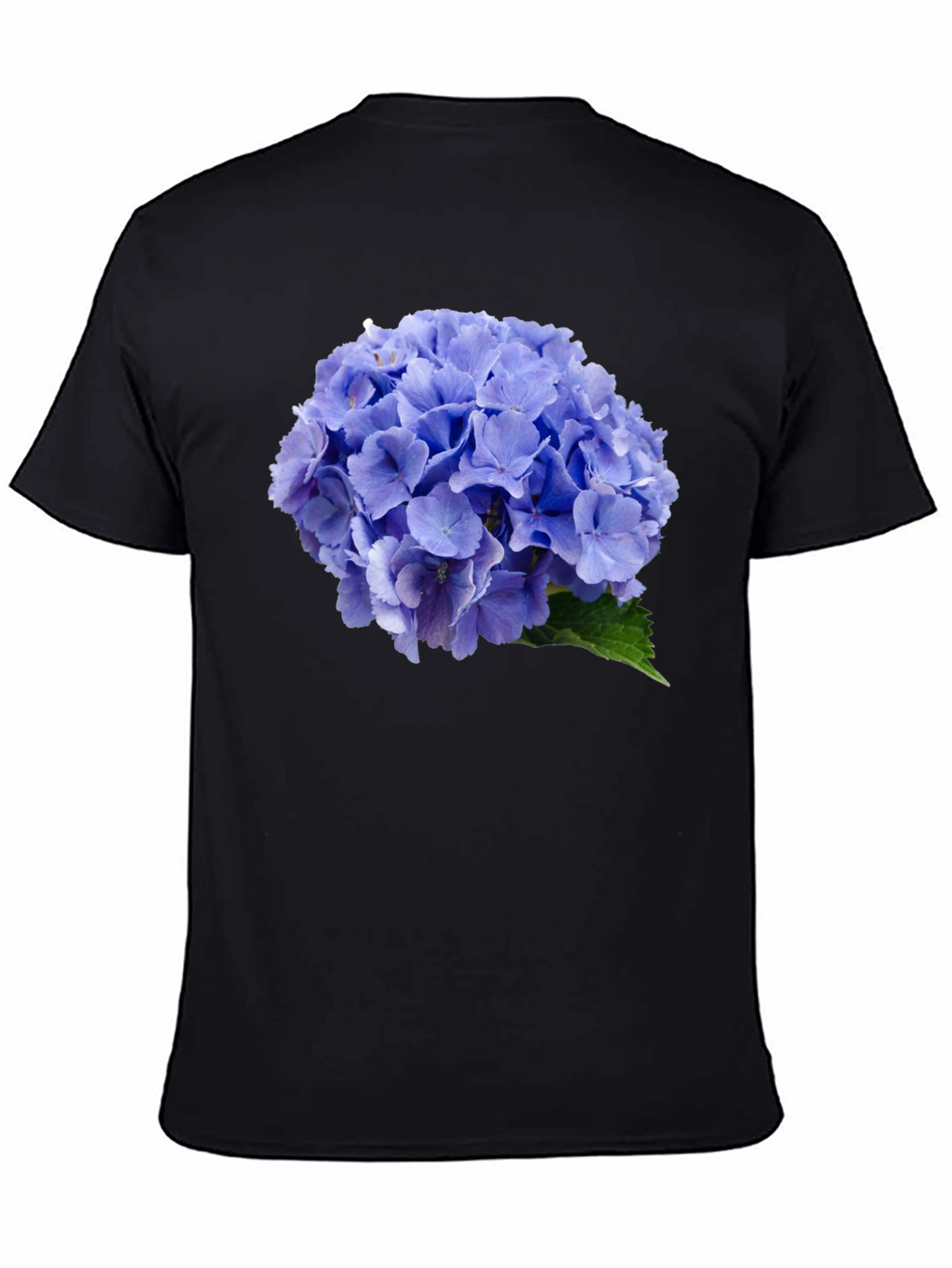 Blue Hydrangea Flower Print Black T-Shirt
