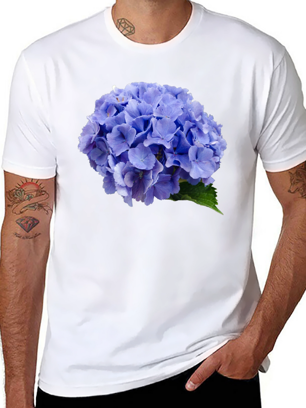 Blue Hydrangea Flower Print Black T-Shirt