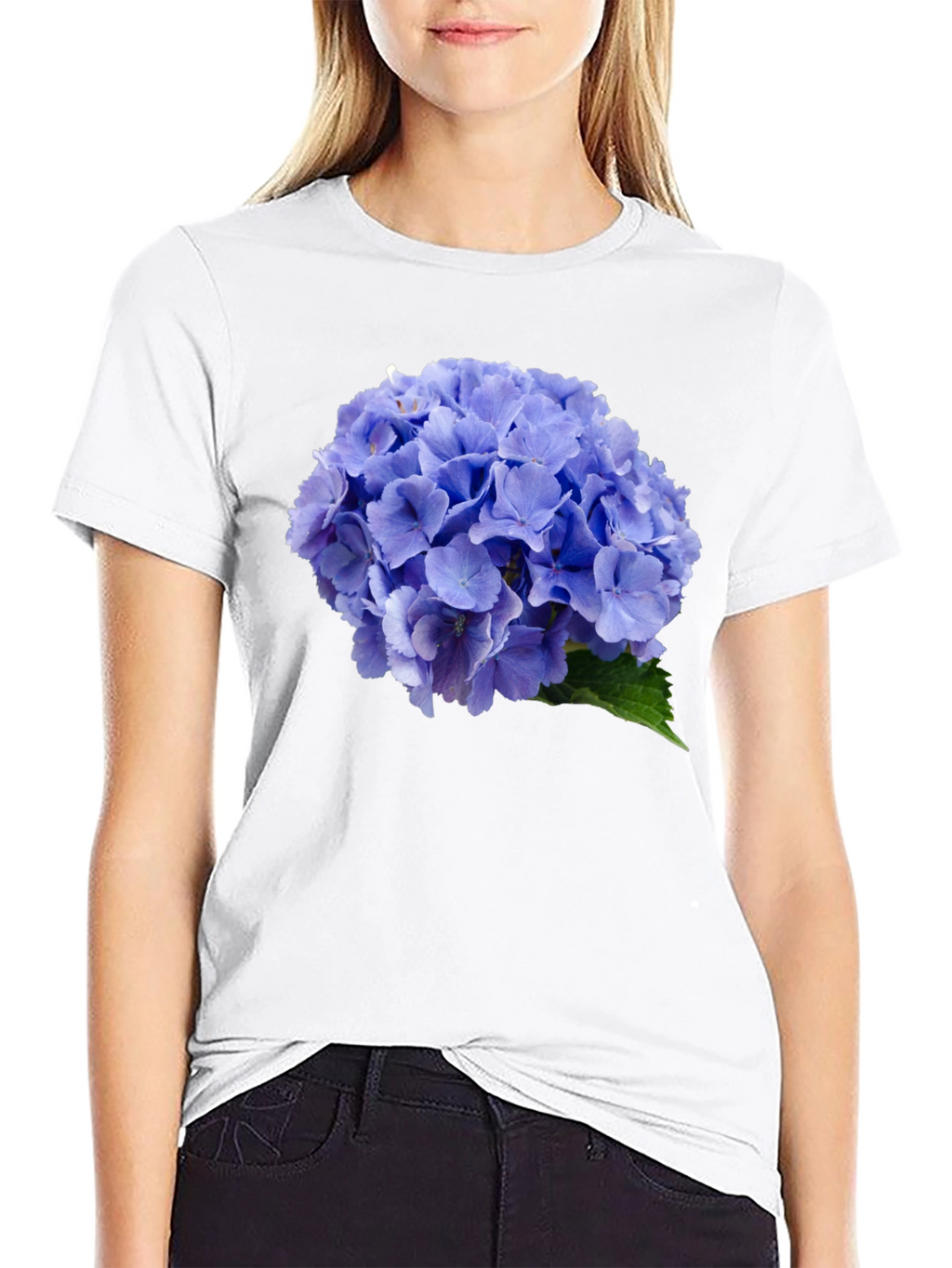 Blue Hydrangea Flower Print Black T-Shirt