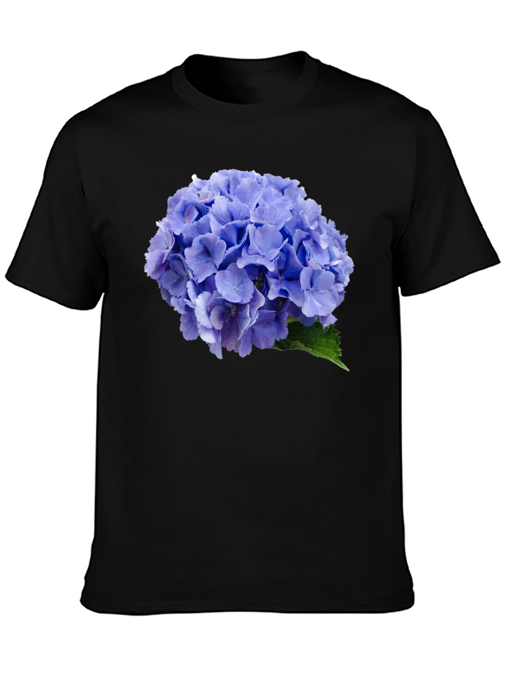Blue Hydrangea Flower Print Black T-Shirt