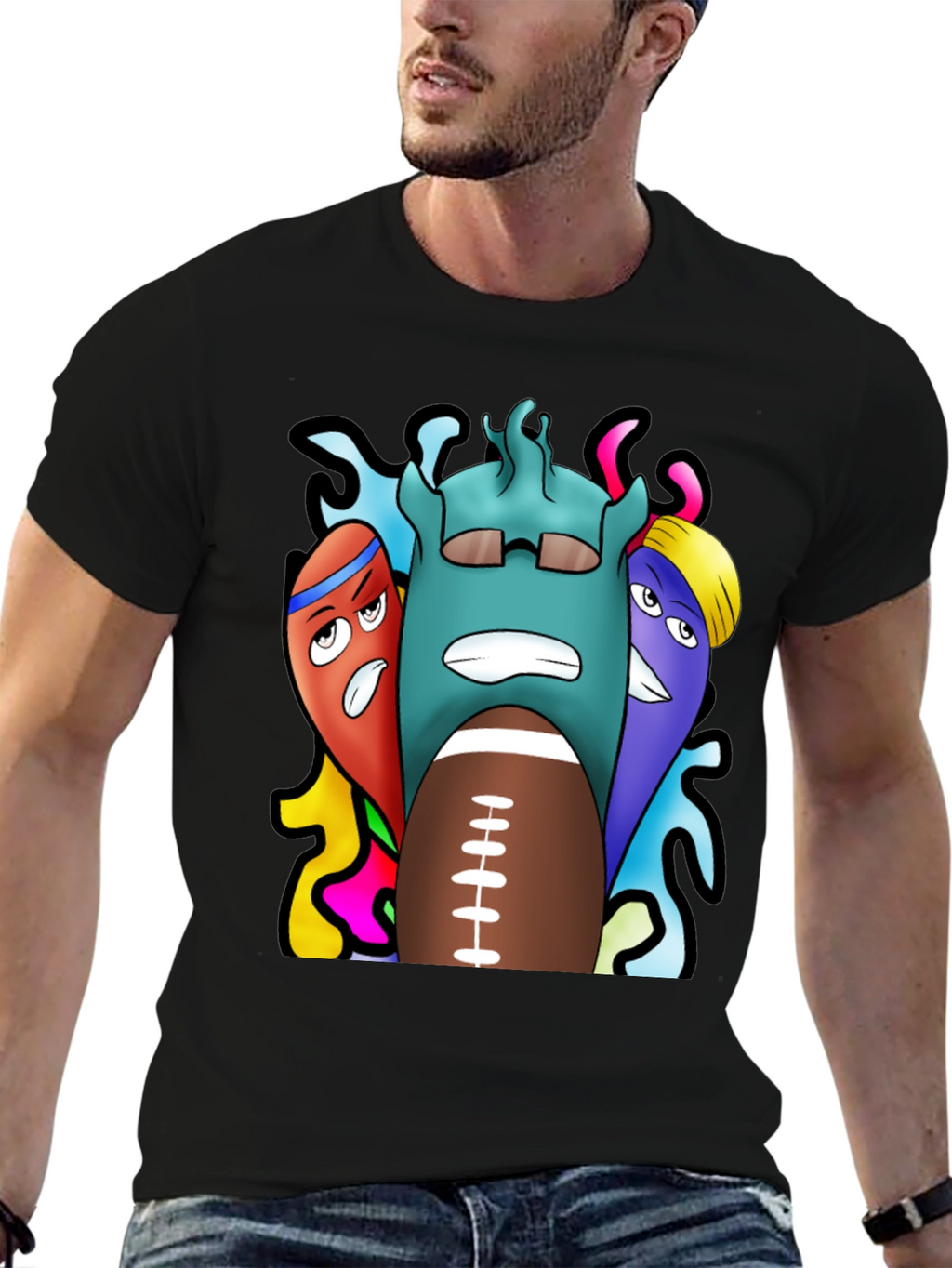 Cartoon Football Graphic Tee - Black