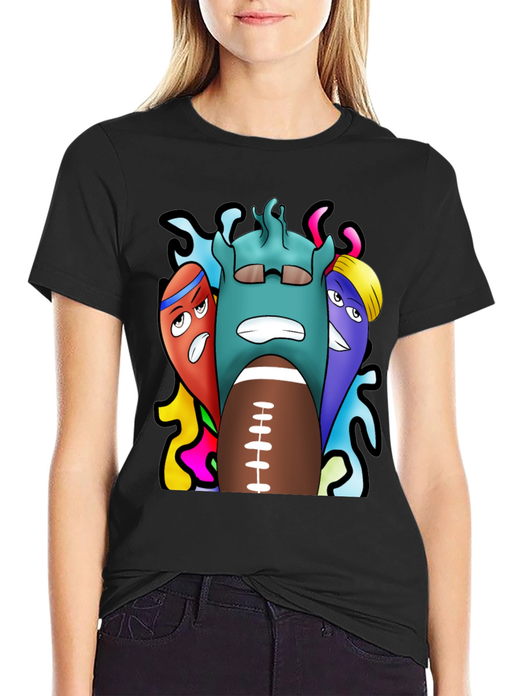 Cartoon Football Graphic Tee - Black
