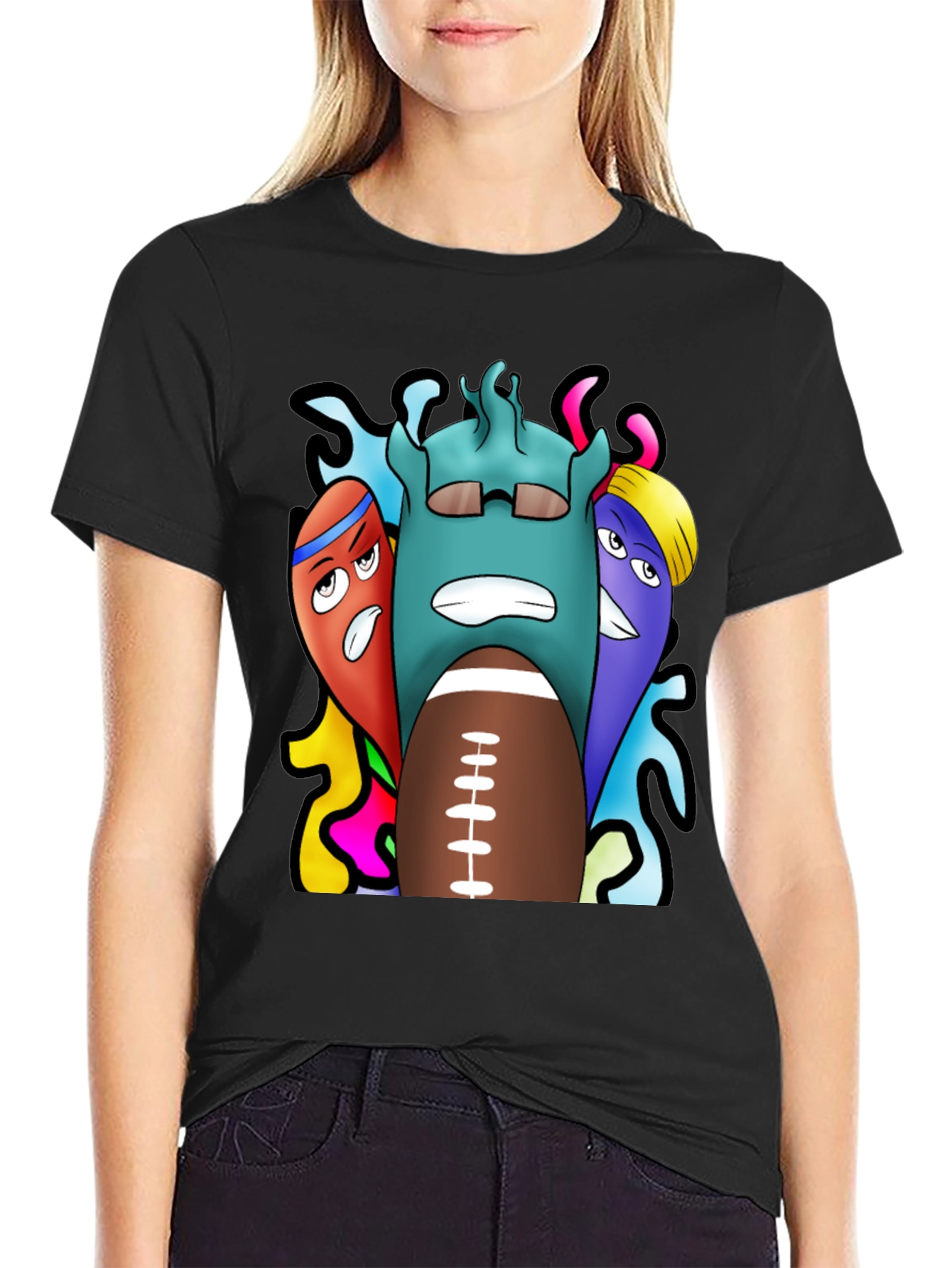 Cartoon Football Graphic Tee - Black