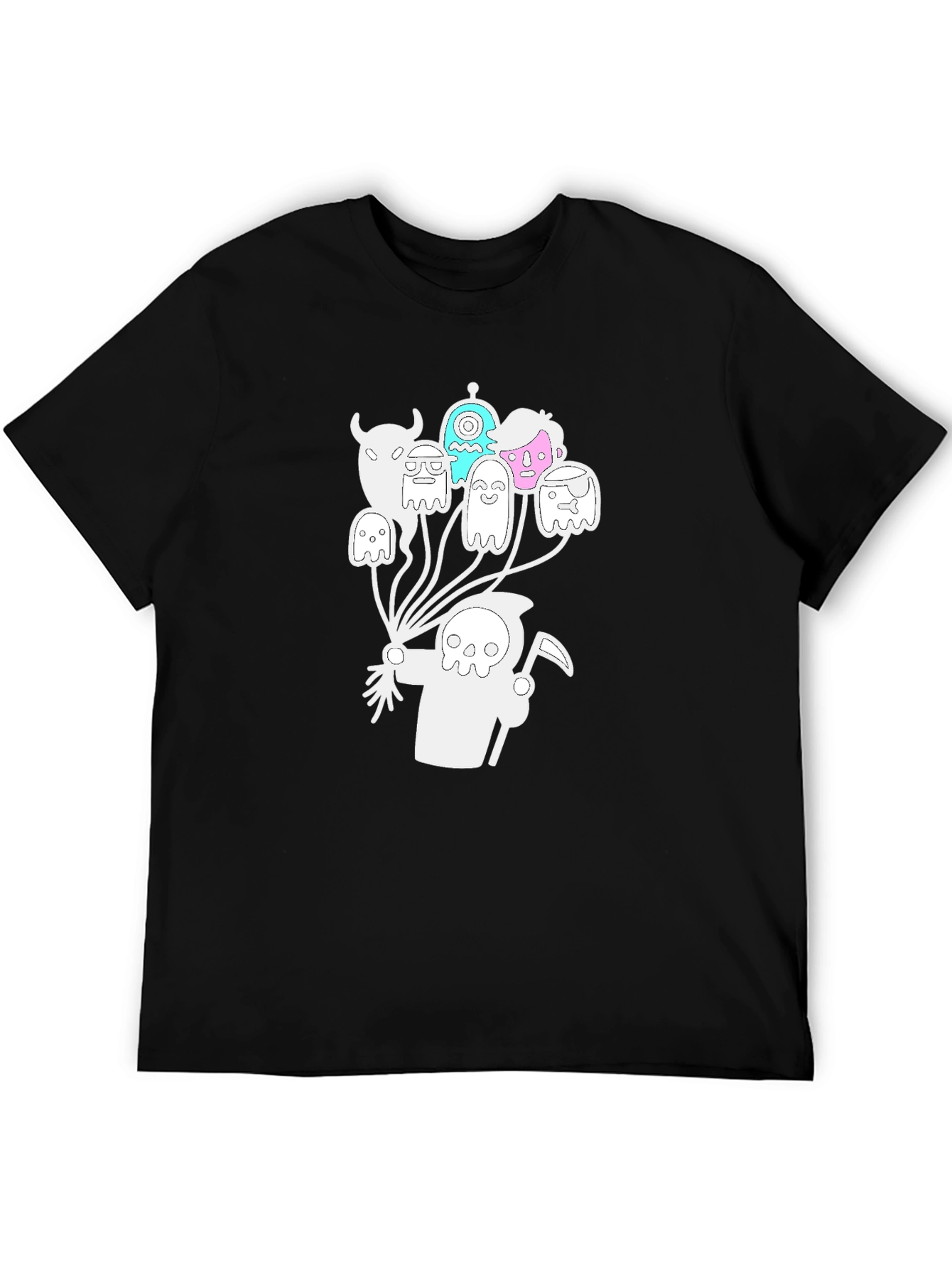 Grim Reaper Ghost Balloon Graphic Tee - Black Cotton Blend
