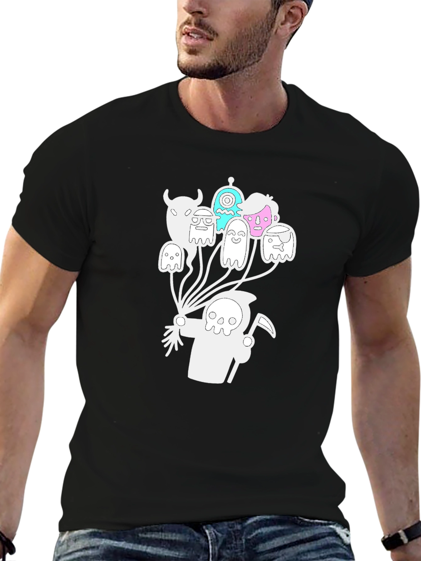 Grim Reaper Ghost Balloon Graphic Tee - Black Cotton Blend
