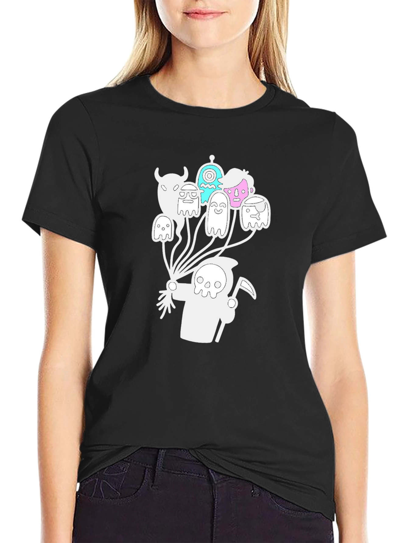 Grim Reaper Ghost Balloon Graphic Tee - Black Cotton Blend