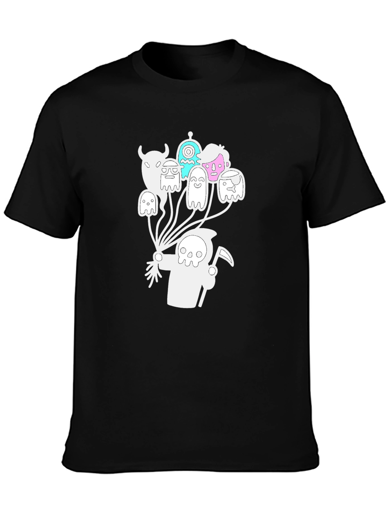 Grim Reaper Ghost Balloon Graphic Tee - Black Cotton Blend