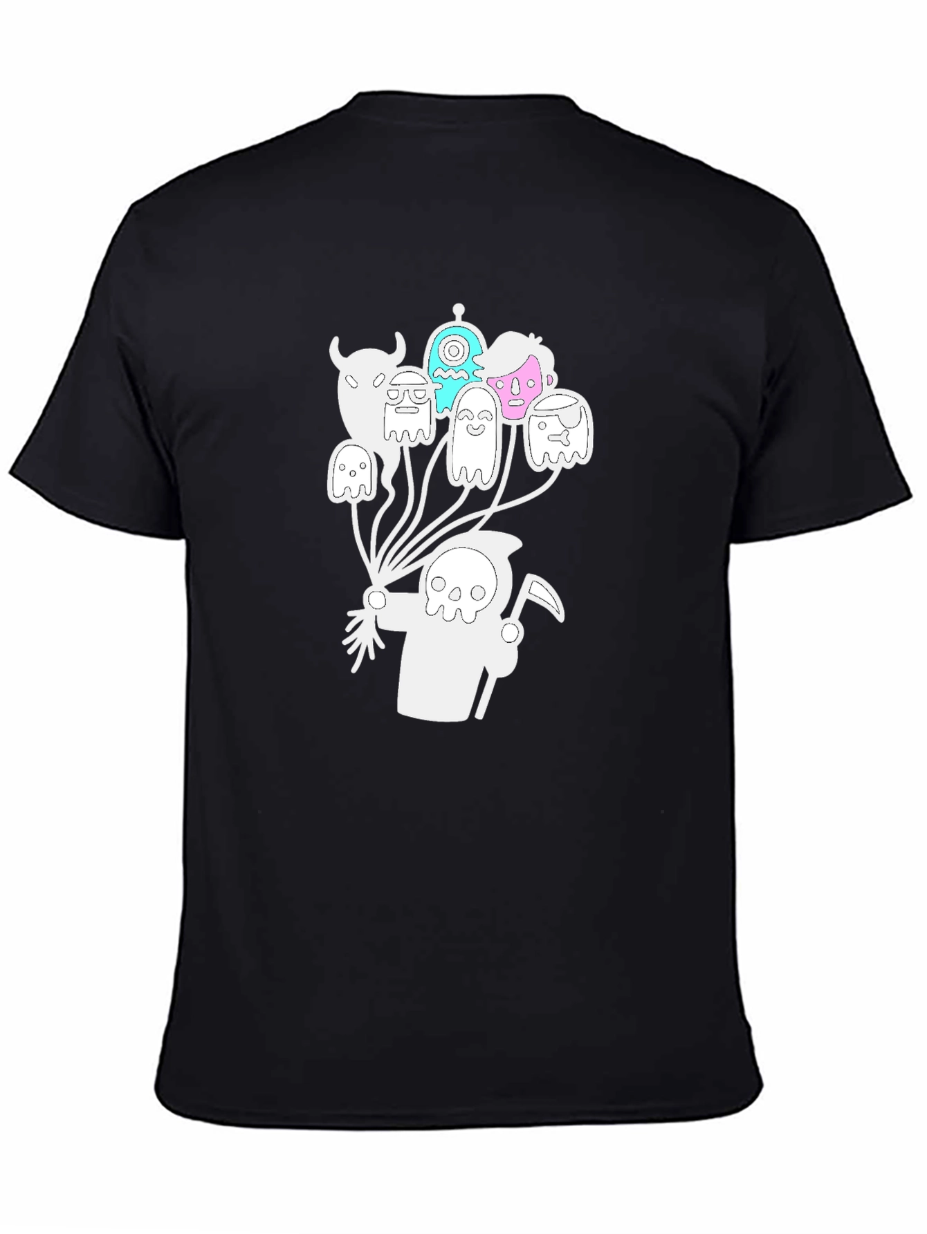 Grim Reaper Ghost Balloon Graphic Tee - Black Cotton Blend