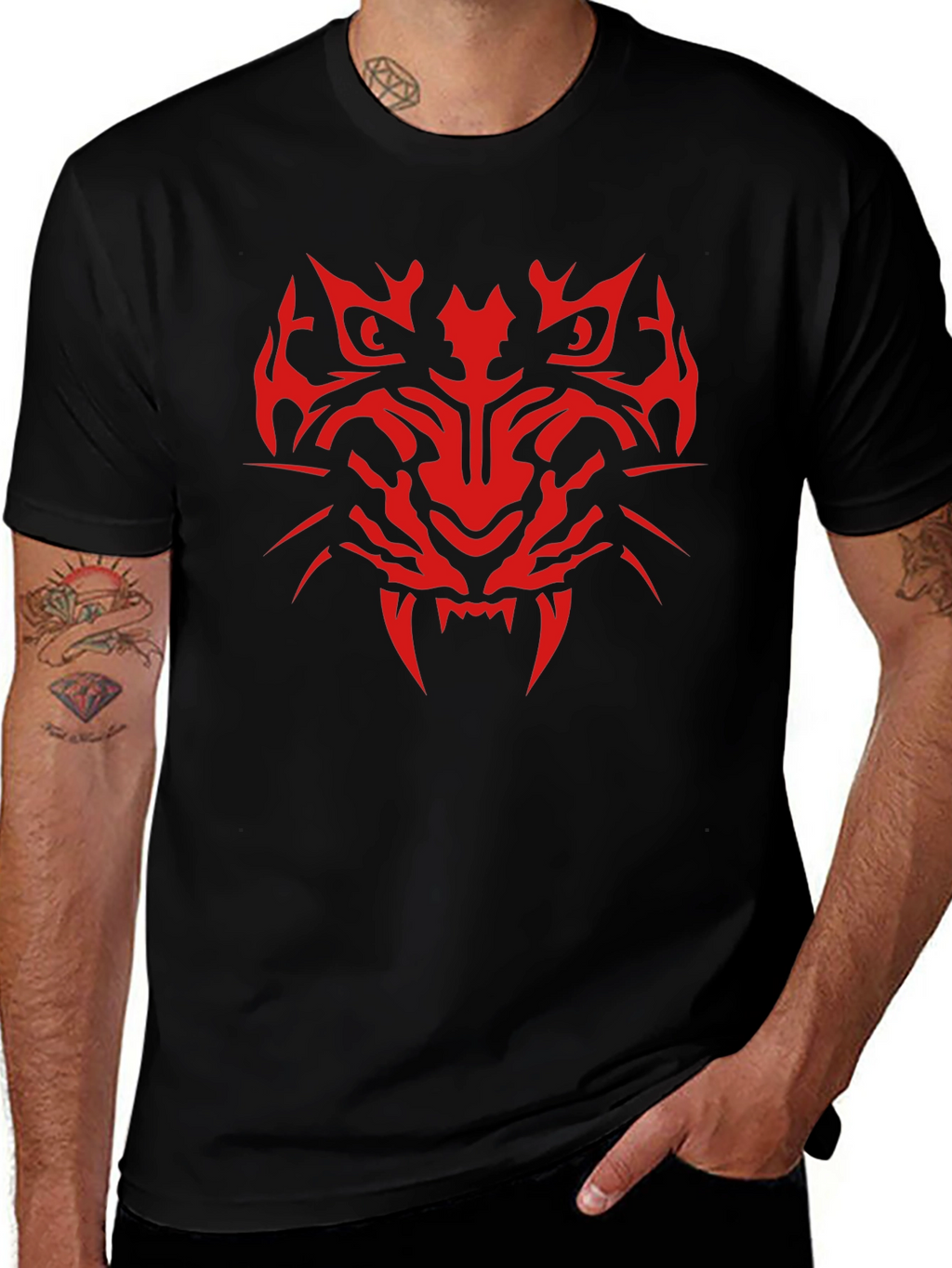 Tribal Tiger Graphic Print T-Shirt - Mens Black Tee