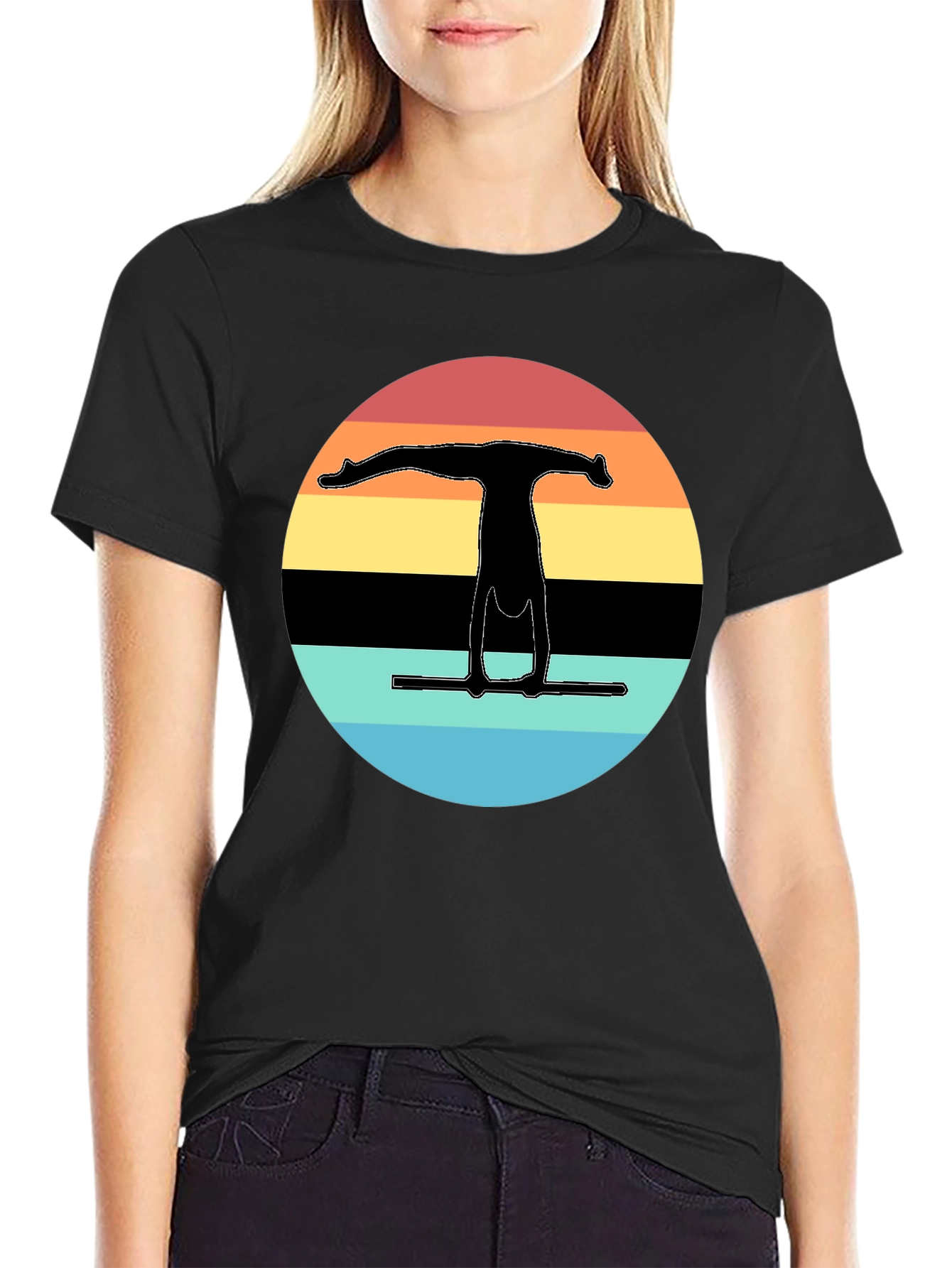 Gymnast Silhouette Sunset Graphic Tee - Black Cotton Blend