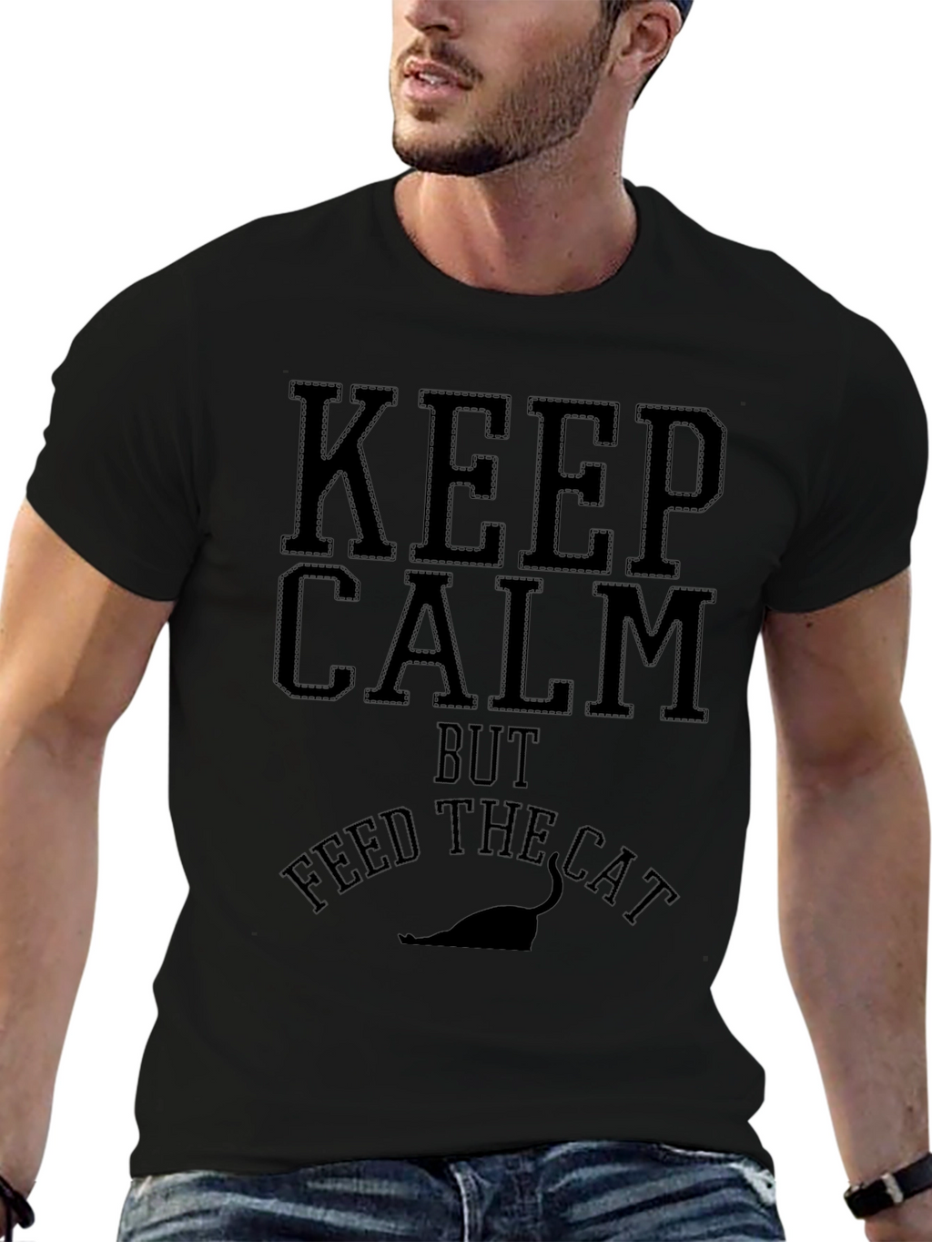 Keep Calm Feed Cat Black Graphic Tee - Mens