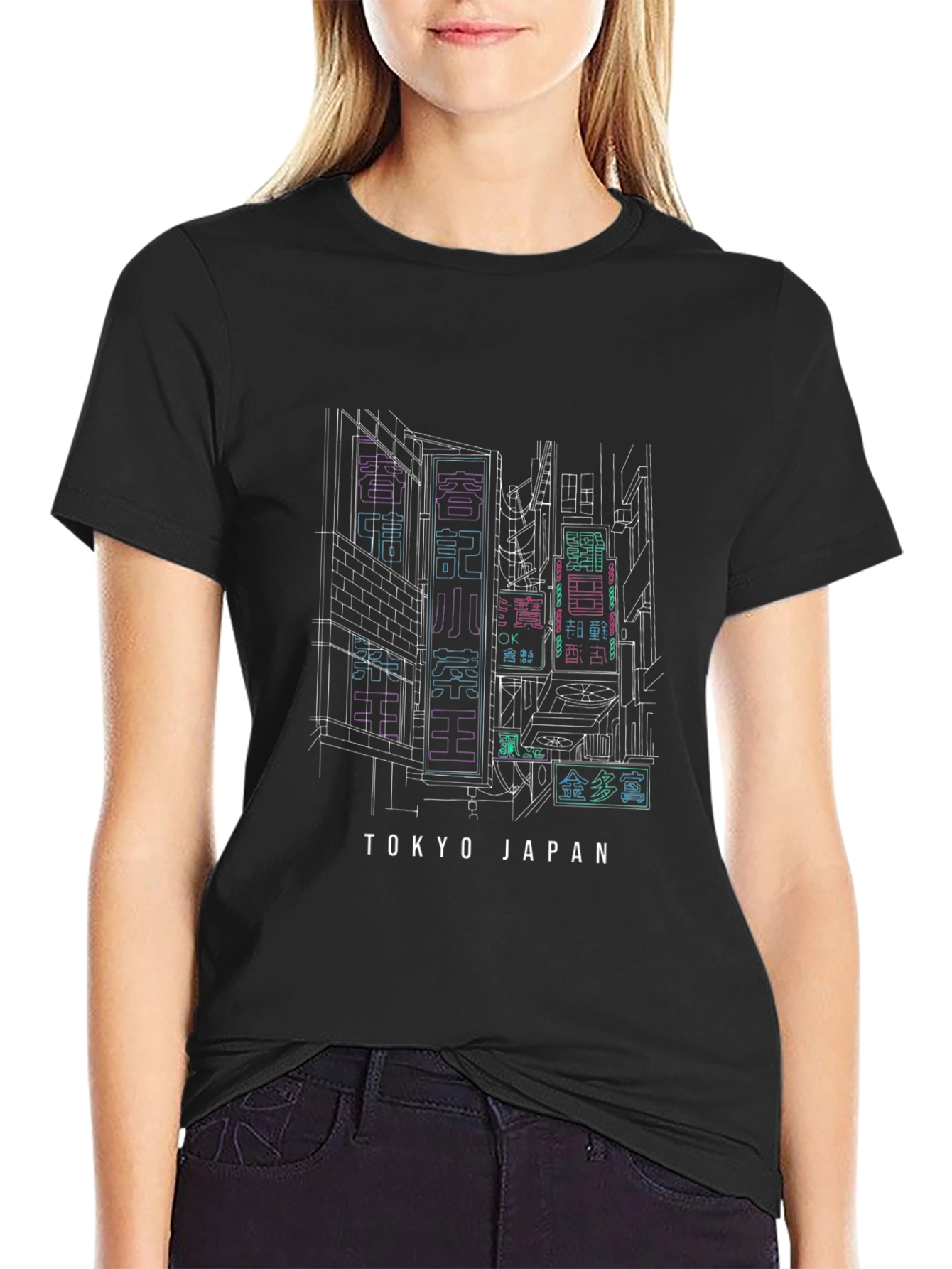 Tokyo Japan Neon Cityscape Black T-Shirt
