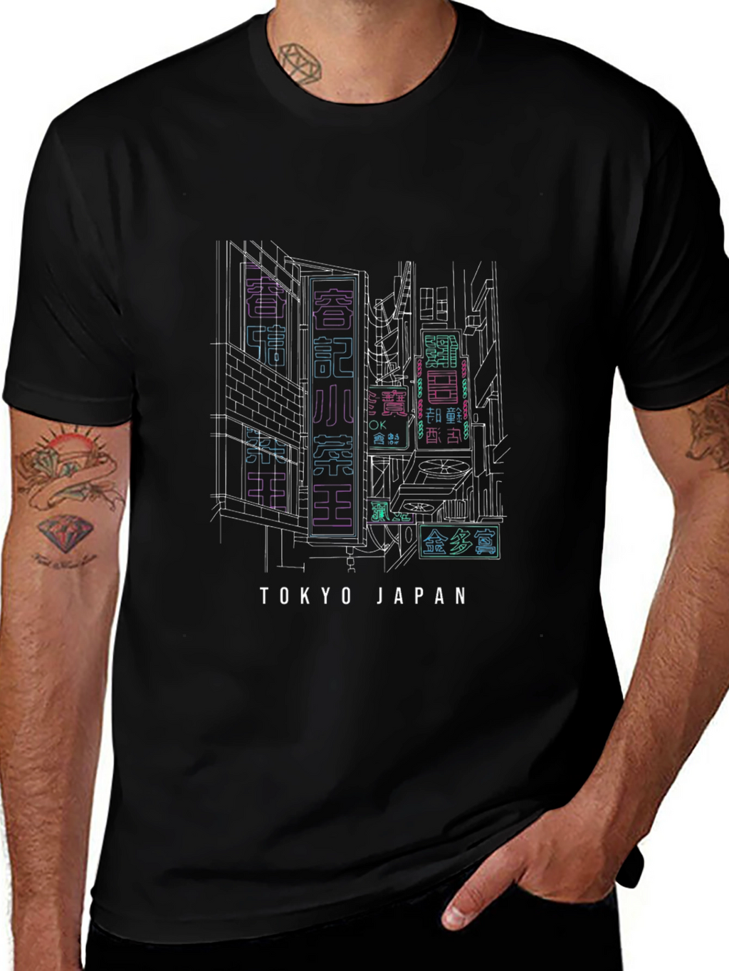 Tokyo Japan Neon Cityscape Black T-Shirt