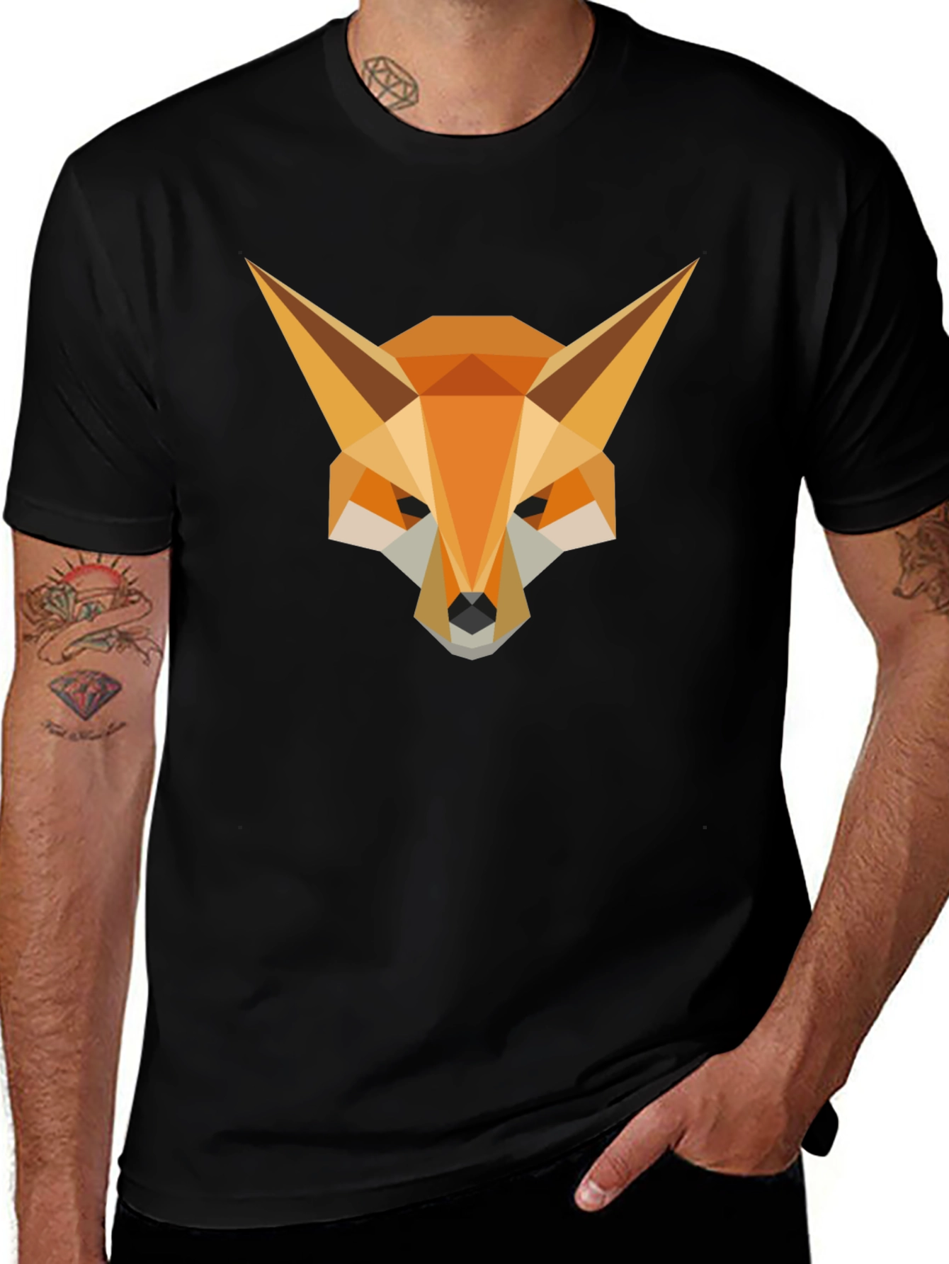 Geometric Fox Head Graphic Tee - Stylish Mens Black T-Shirt