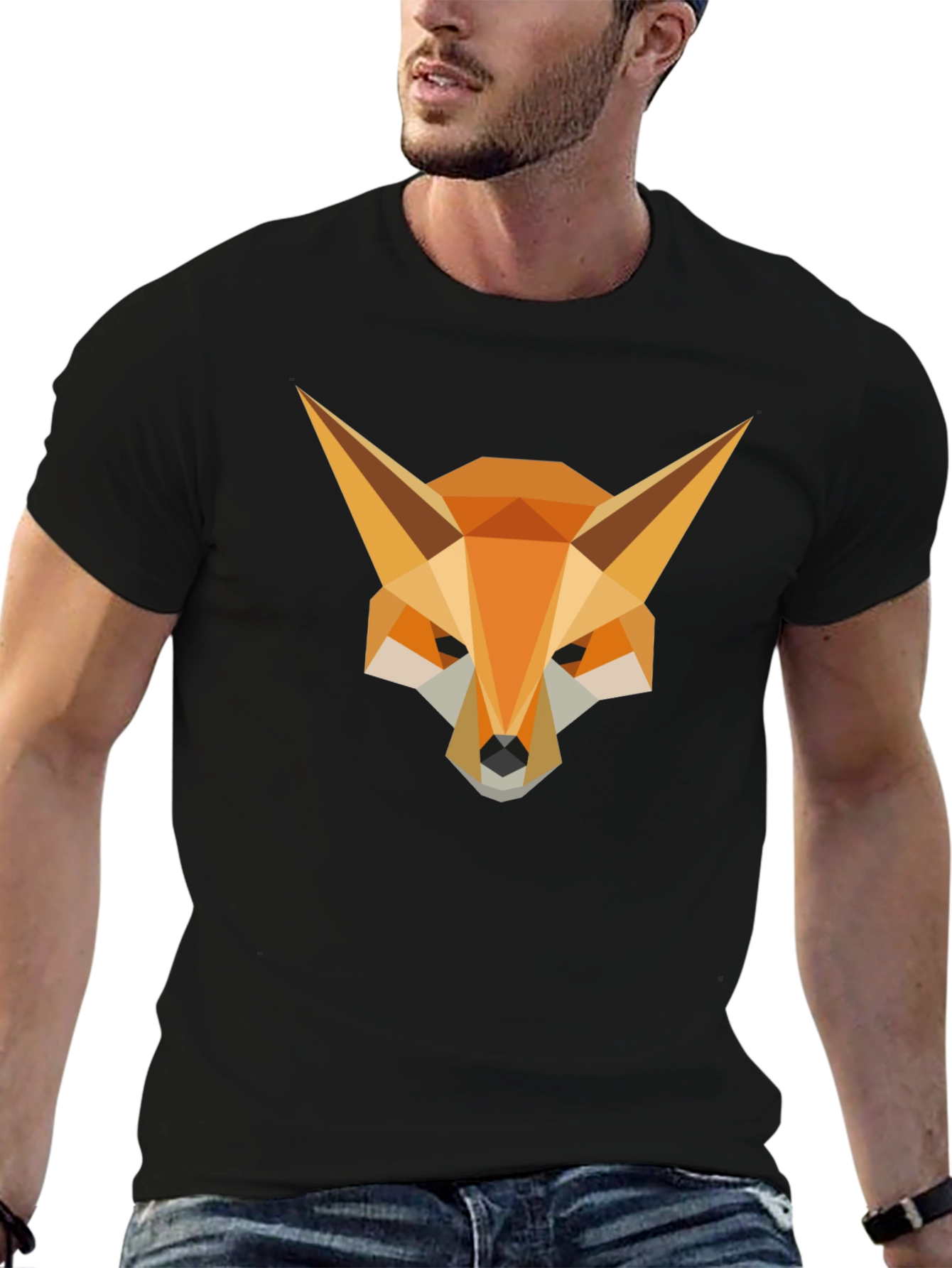 Geometric Fox Head Graphic Tee - Stylish Mens Black T-Shirt