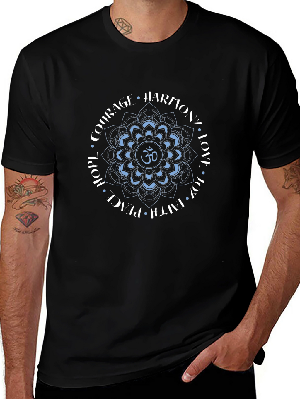 Om Mandala Black T-Shirt - Harmony Love Peace Design