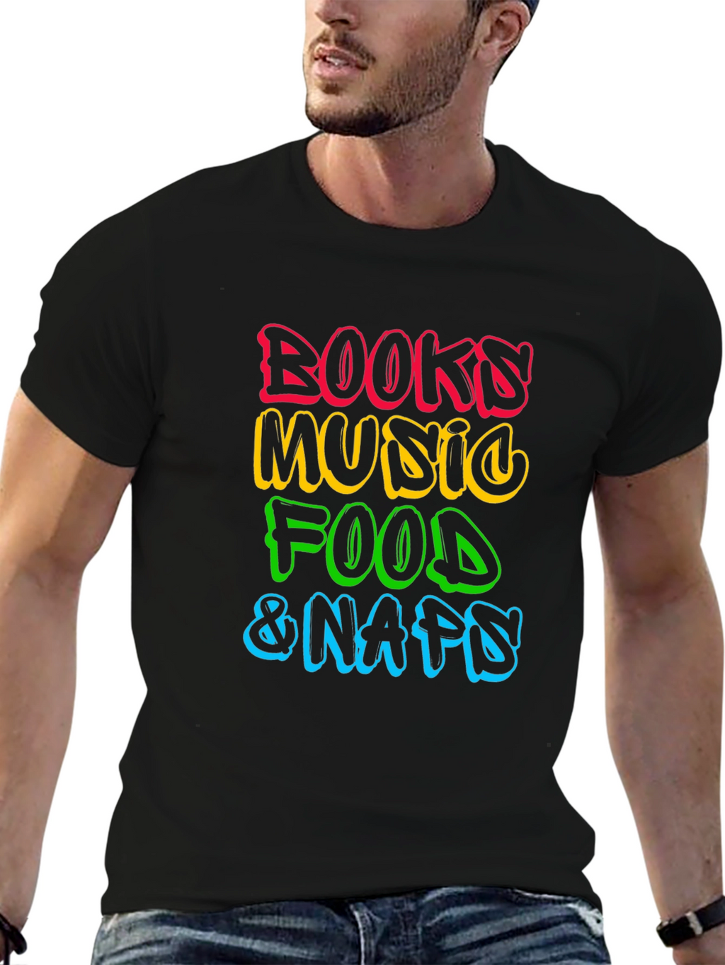 Books Music Food Naps Black T-Shirt