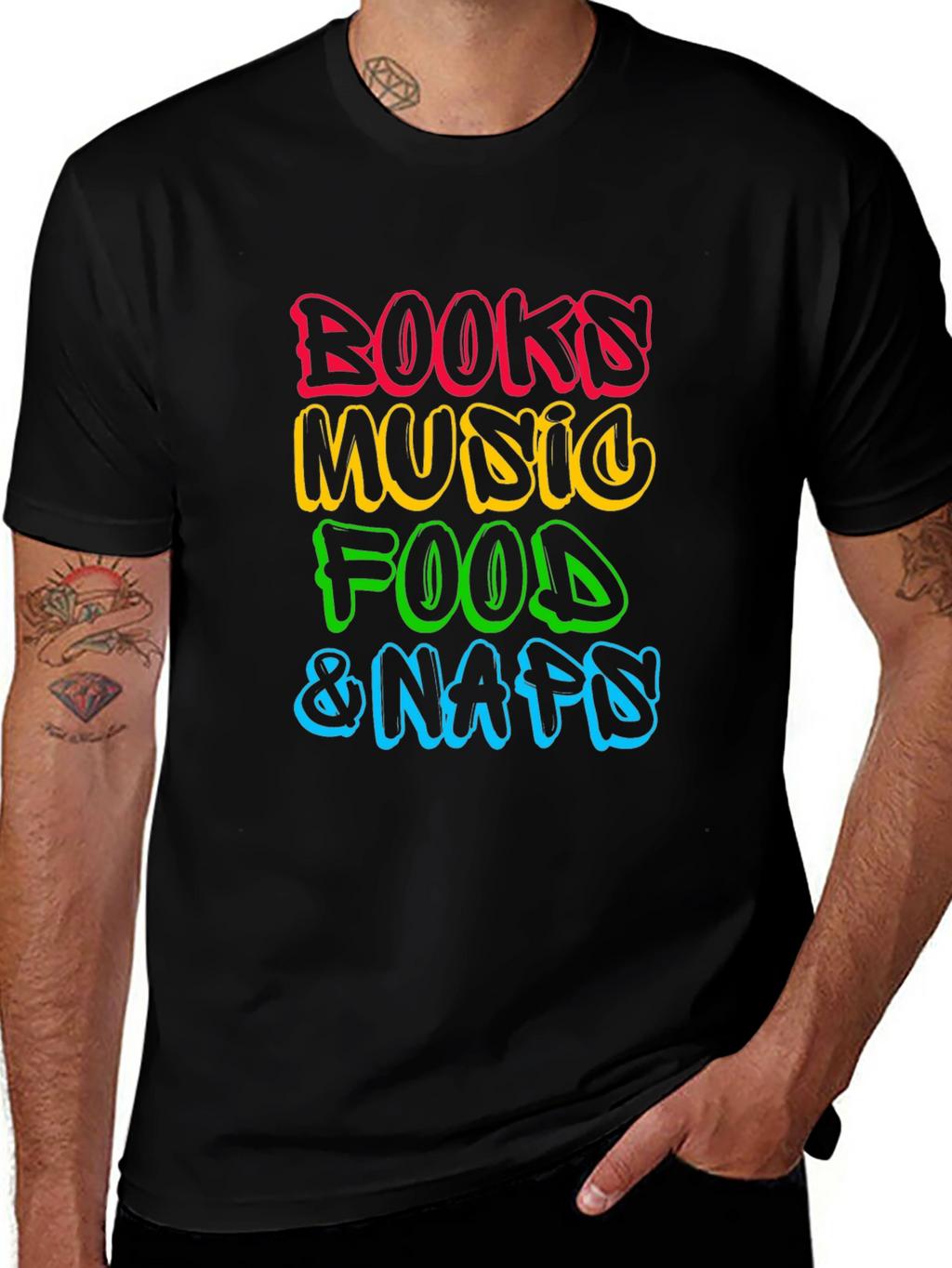 Books Music Food Naps Black T-Shirt