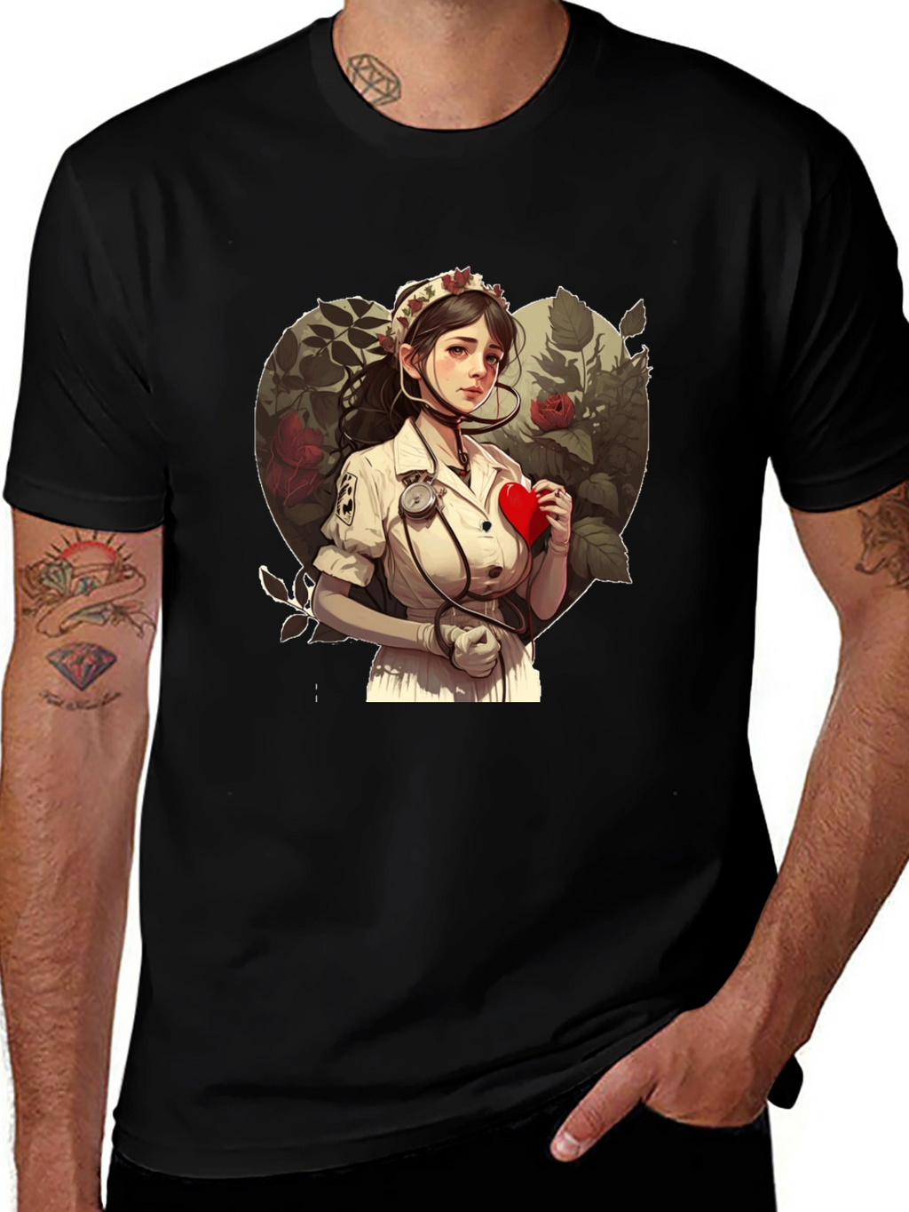 Nurse Love Heart Graphic Tee - Black