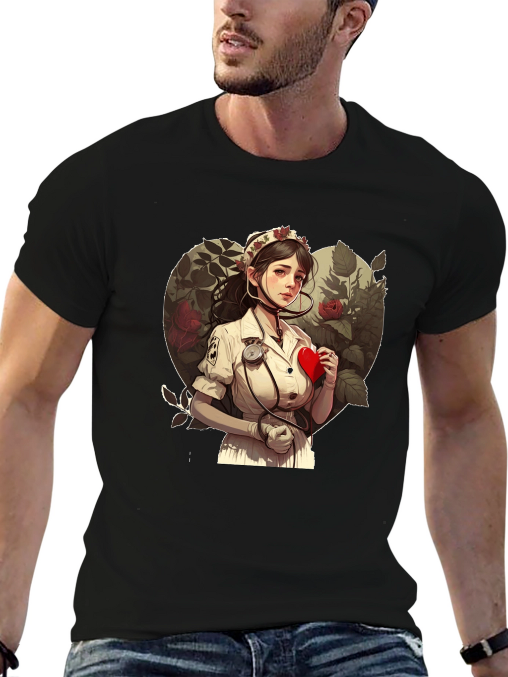 Nurse Love Heart Graphic Tee - Black