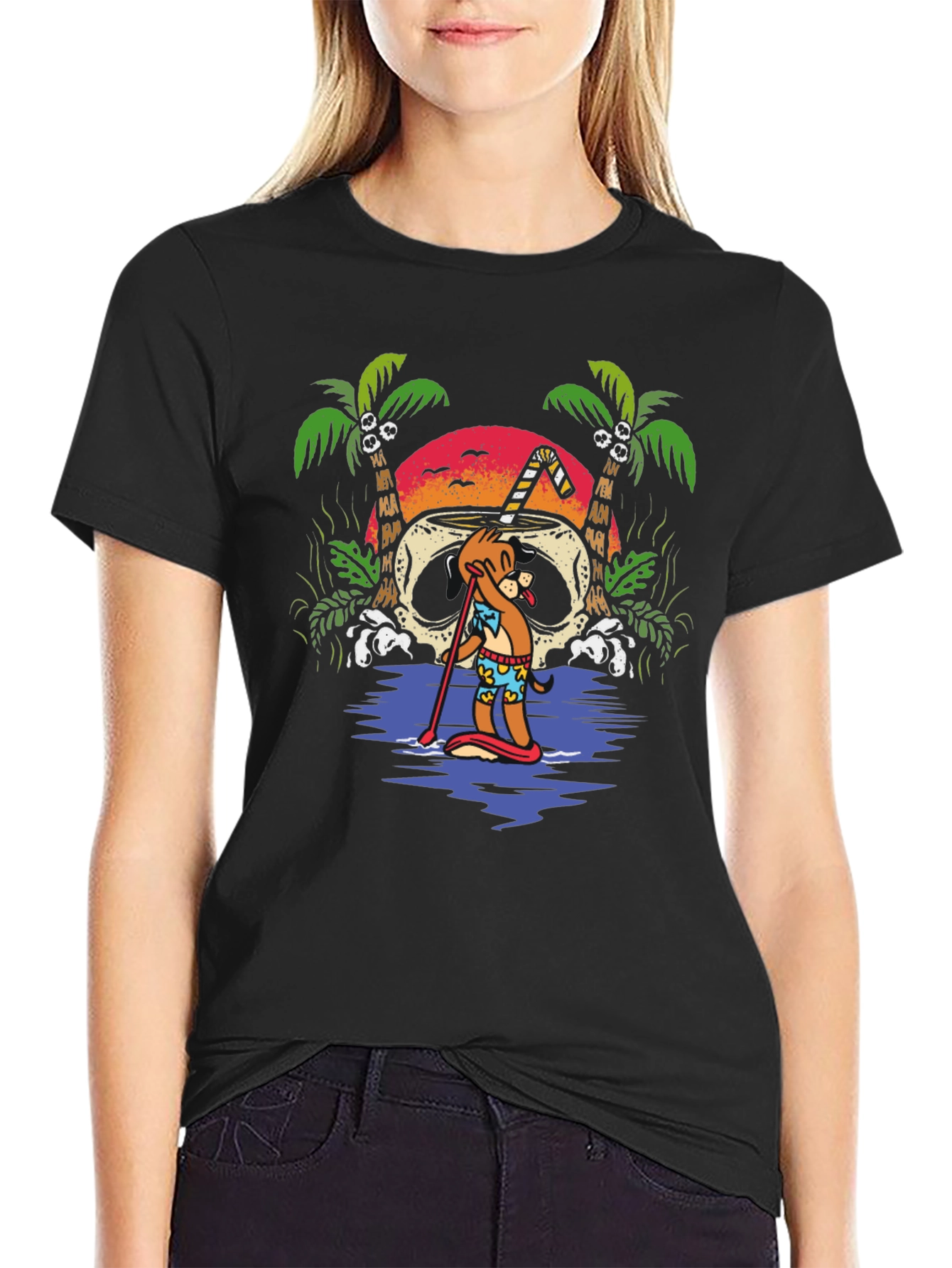 Tropical Skull Coconut Cartoon Graphic T-Shirt