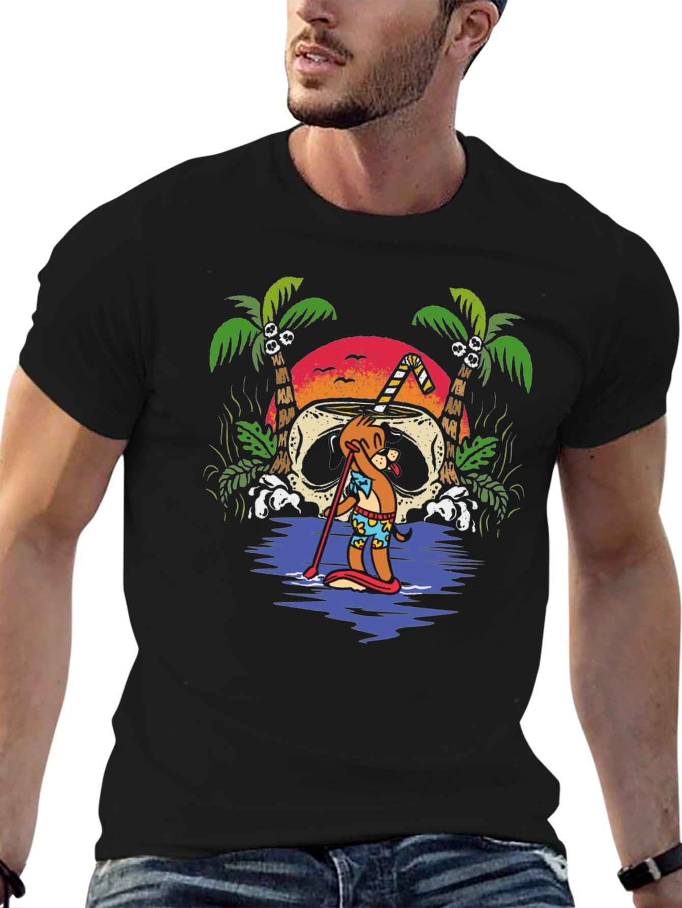 Tropical Skull Coconut Cartoon Graphic T-Shirt
