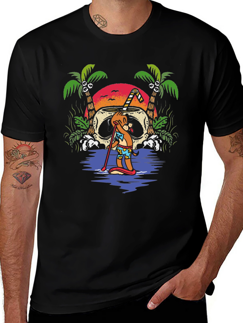Tropical Skull Coconut Cartoon Graphic T-Shirt
