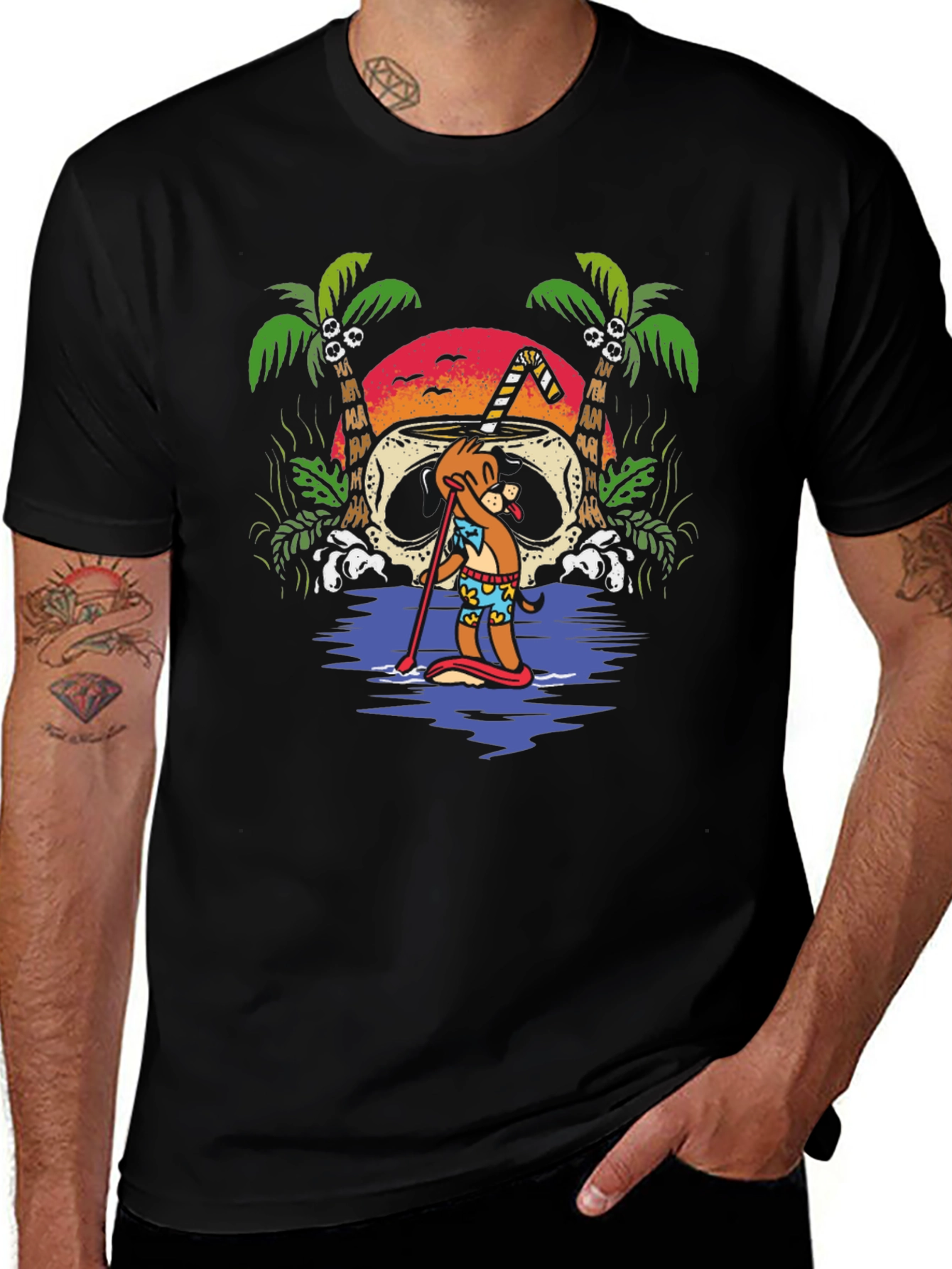 Tropical Skull Coconut Cartoon Graphic T-Shirt