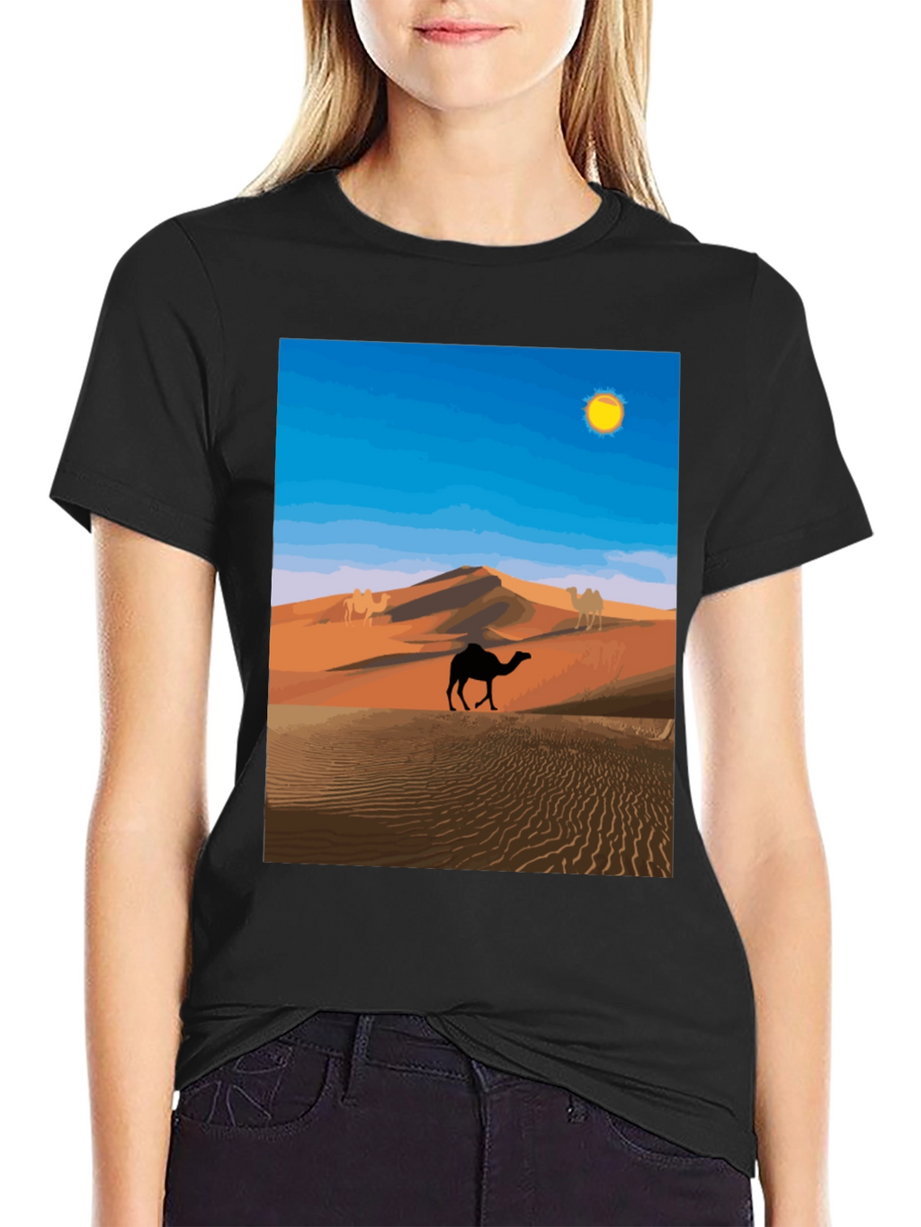 Desert Camel Graphic Tee - Black Cotton T-Shirt