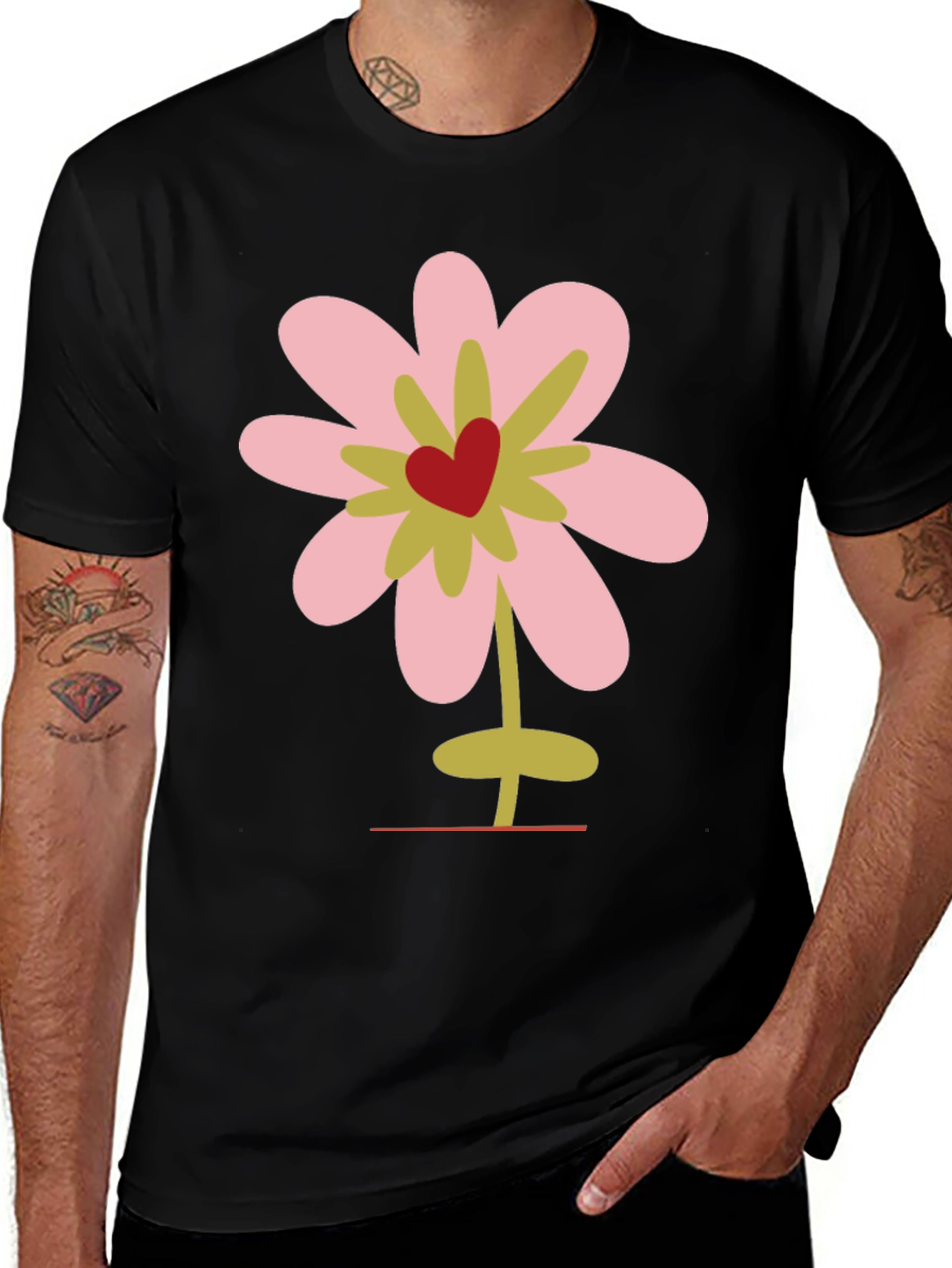 Floral Heart Graphic Tee - Black Cotton T-Shirt