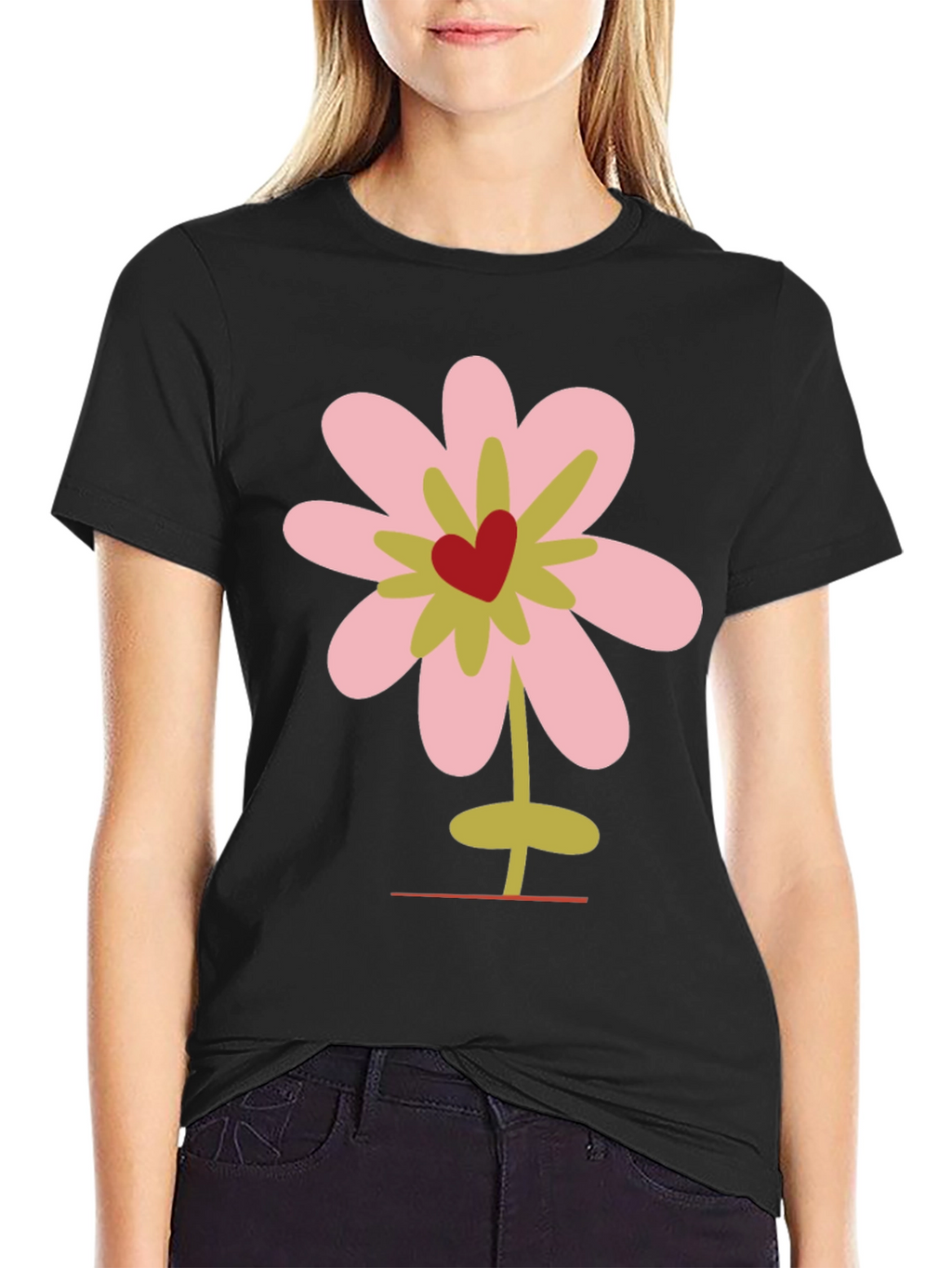 Floral Heart Graphic Tee - Black Cotton T-Shirt
