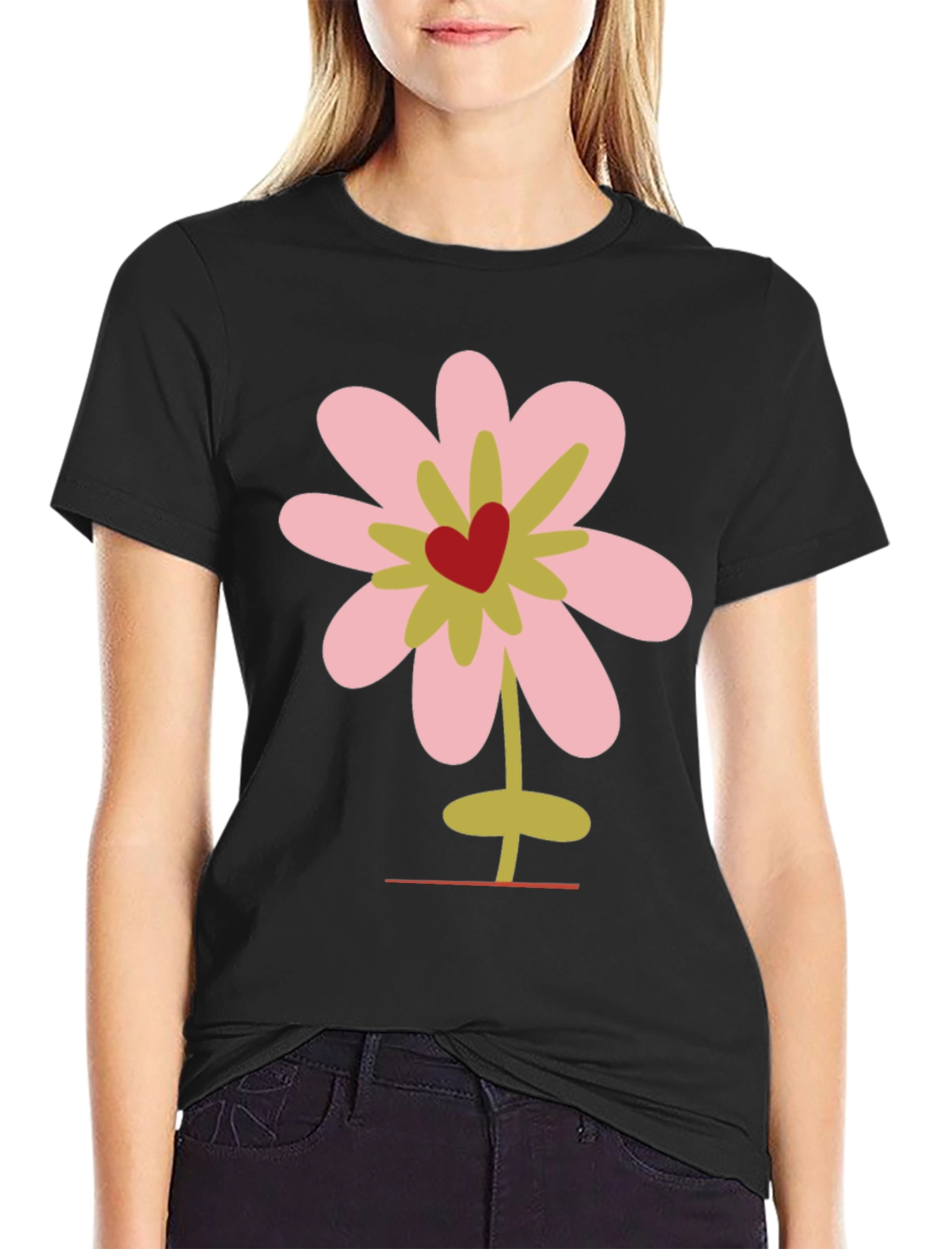Floral Heart Graphic Tee - Black Cotton T-Shirt
