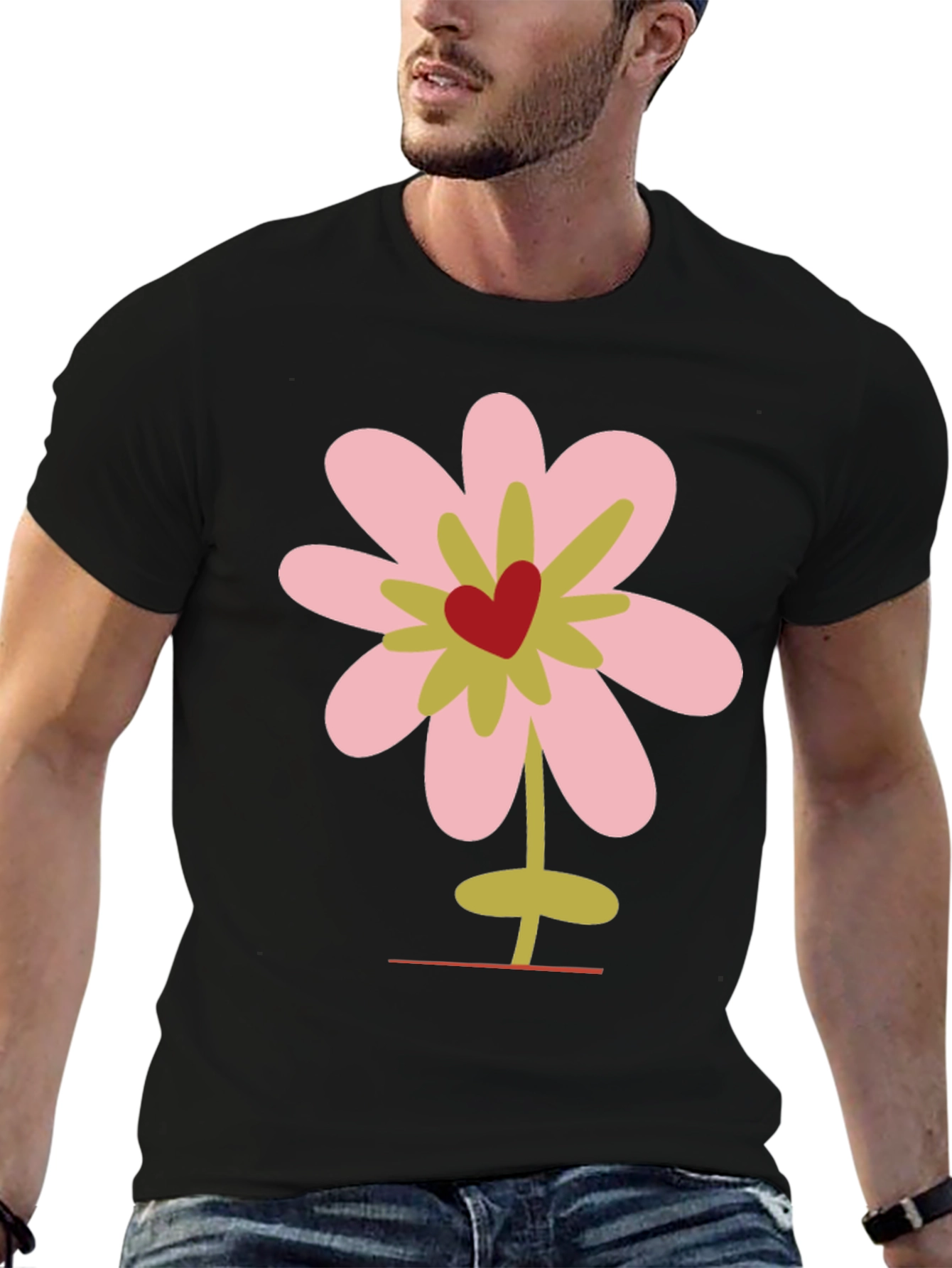 Floral Heart Graphic Tee - Black Cotton T-Shirt